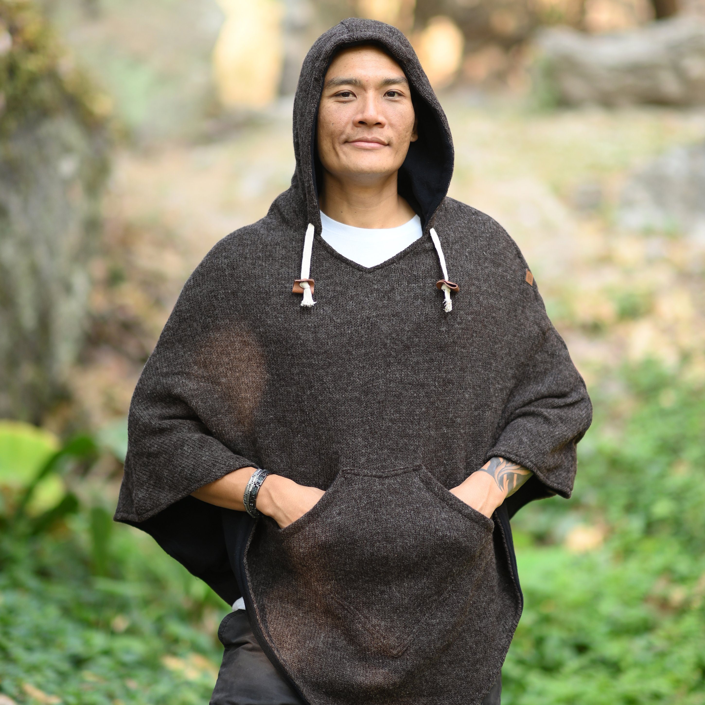 virblatt Poncho Herren Wolle & Poncho Damen Winter, UNISEX Wolle & Polarfleece Wollponcho mit Fleecefutter