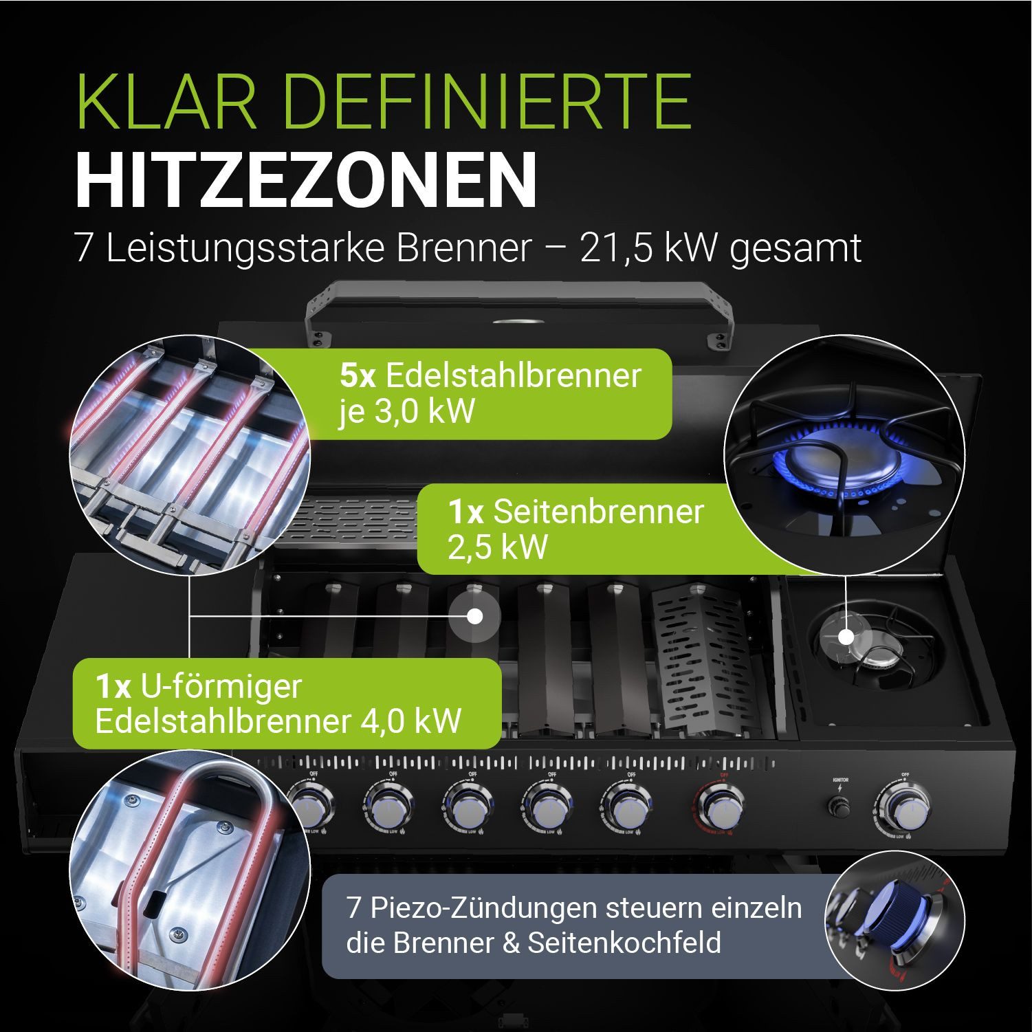 Juskys Gasgrill Tennessee, 6+1 Brenner, Gusseisenrost, Sichtfenster, LED-Regler