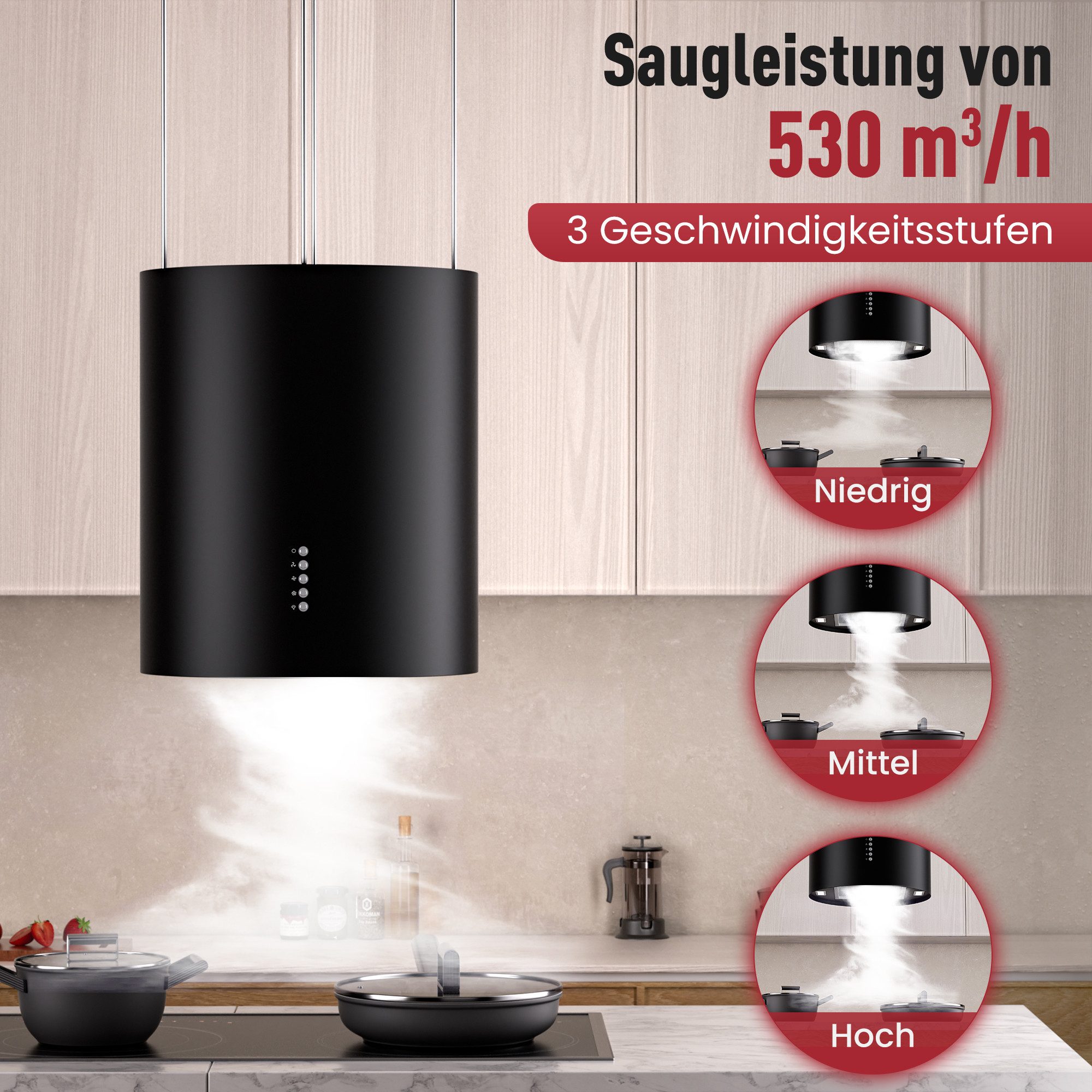 Levivo Inselhaube A+ 530 m³/h Dunstabzugshaube Umluft Freihängend A+ 530 m³/h Dunstabzugshaube Umluft Freihängend, Aktivkohlefiltern, Fettfiltern, LED-Beleuchtung