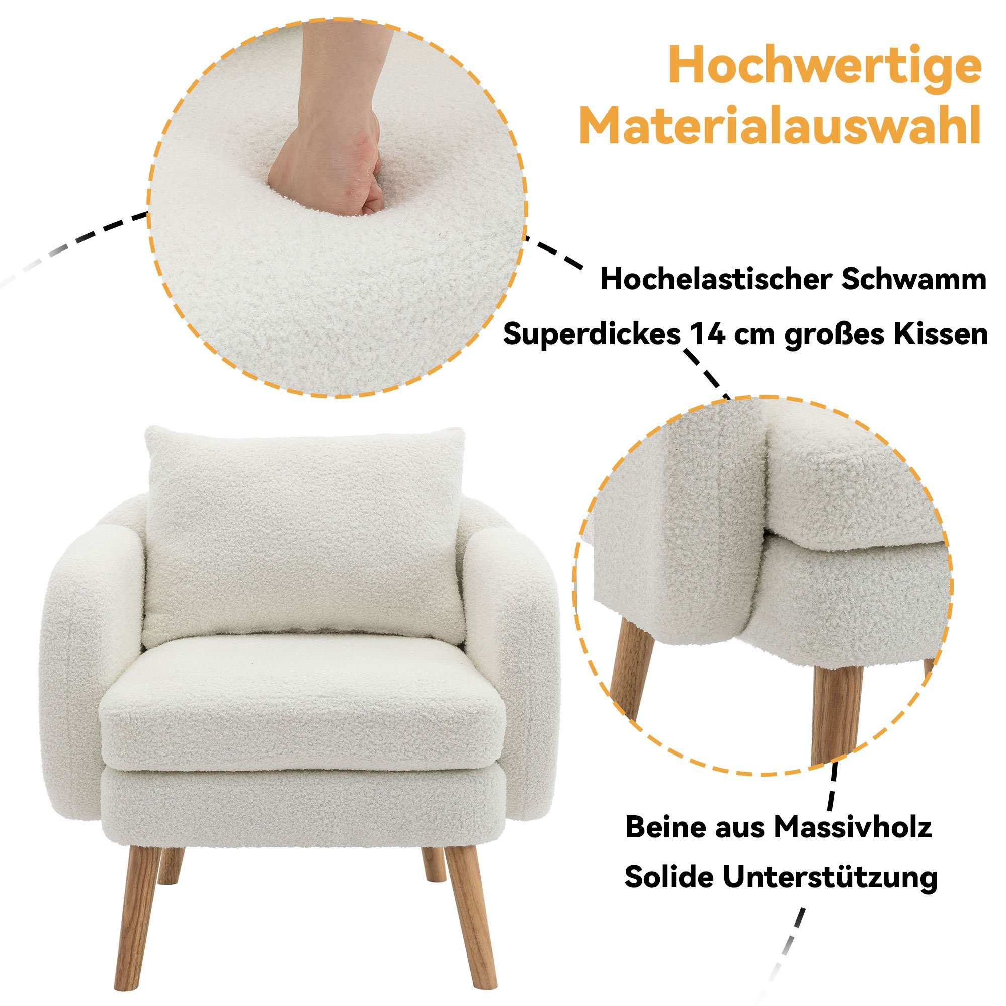 Merax Sessel mit Zierkissen und Massivholzbeine, Loungesessel, Einzel Loungesofa, Einzelsessel mit Teddyplüsch,Relaxsessel