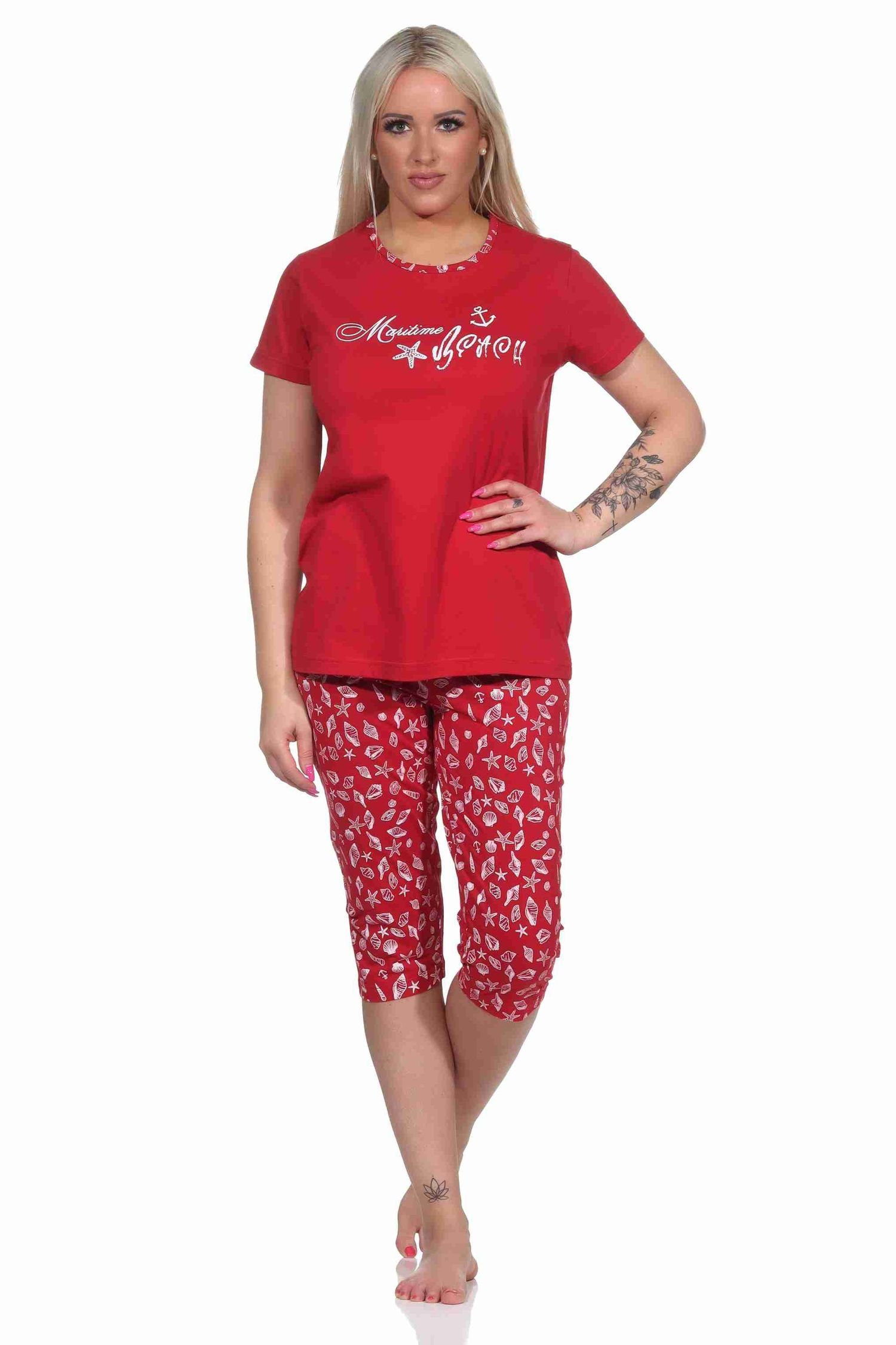 Damen Normann Look Pyjama by Capri Pyjama kurzarm Schlafanzug RELAX im maritimen rot