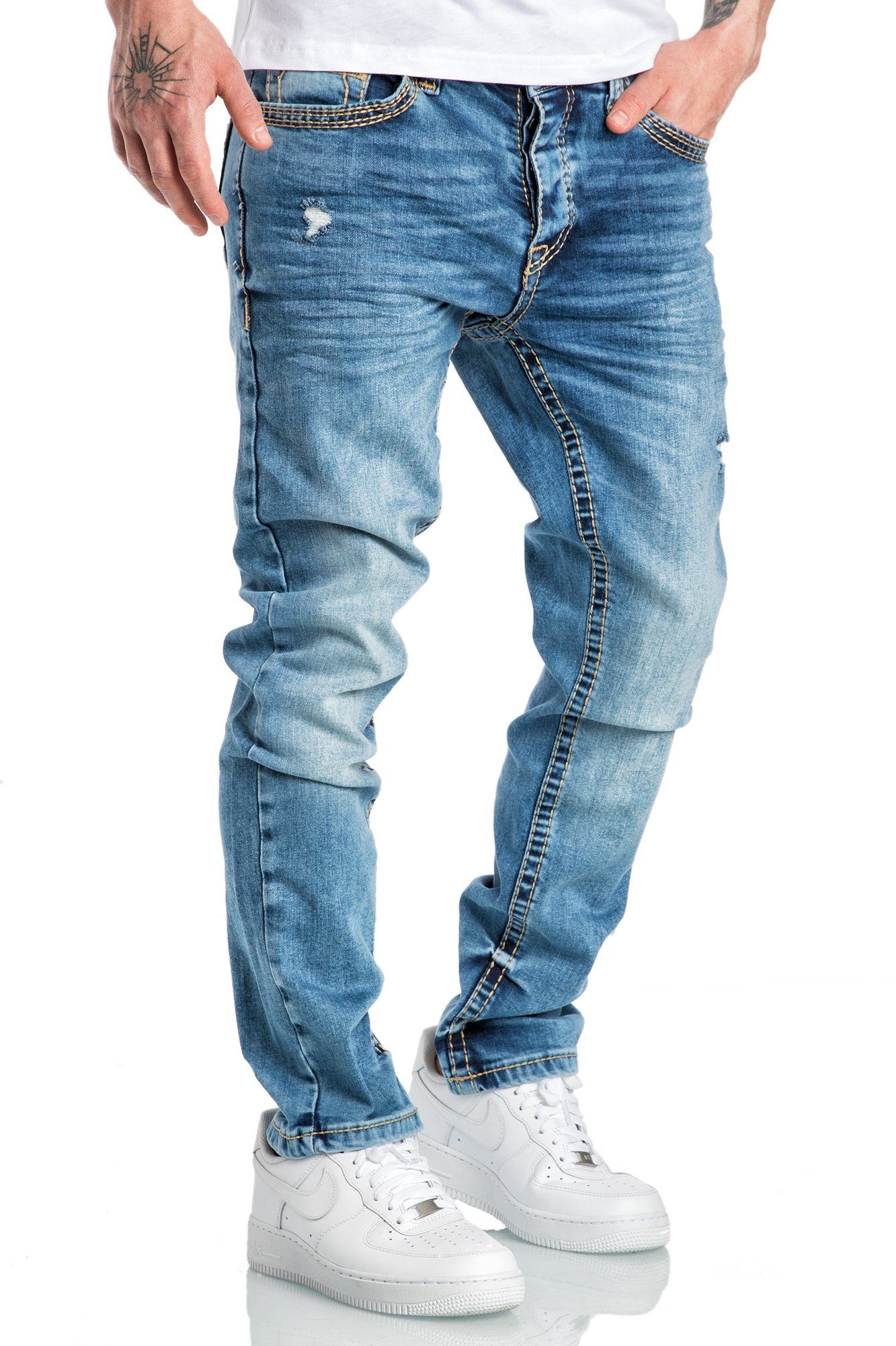 Amaci&Sons Stretch-Jeans ANCHORAGE Jeans Fit Slim Regular Hose Regular Slim Destroyed Dicke Herren Hellblau Nähte Denim Destroyed