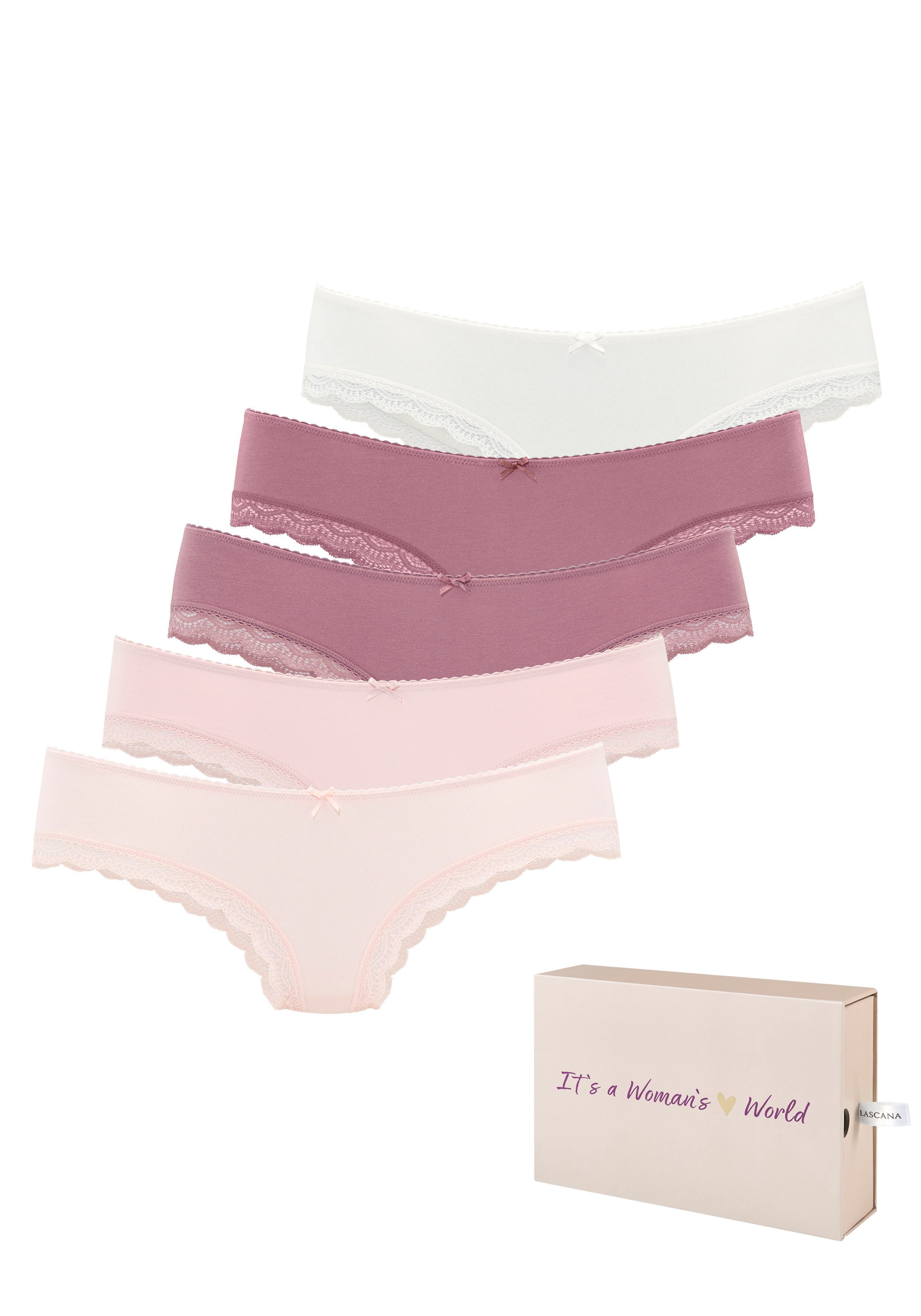 LASCANA Jazz-Pants Slips (5er-Pack) aus elastischer Baumwolle mit zarter Spitze, mit Aufbewahrungsbox