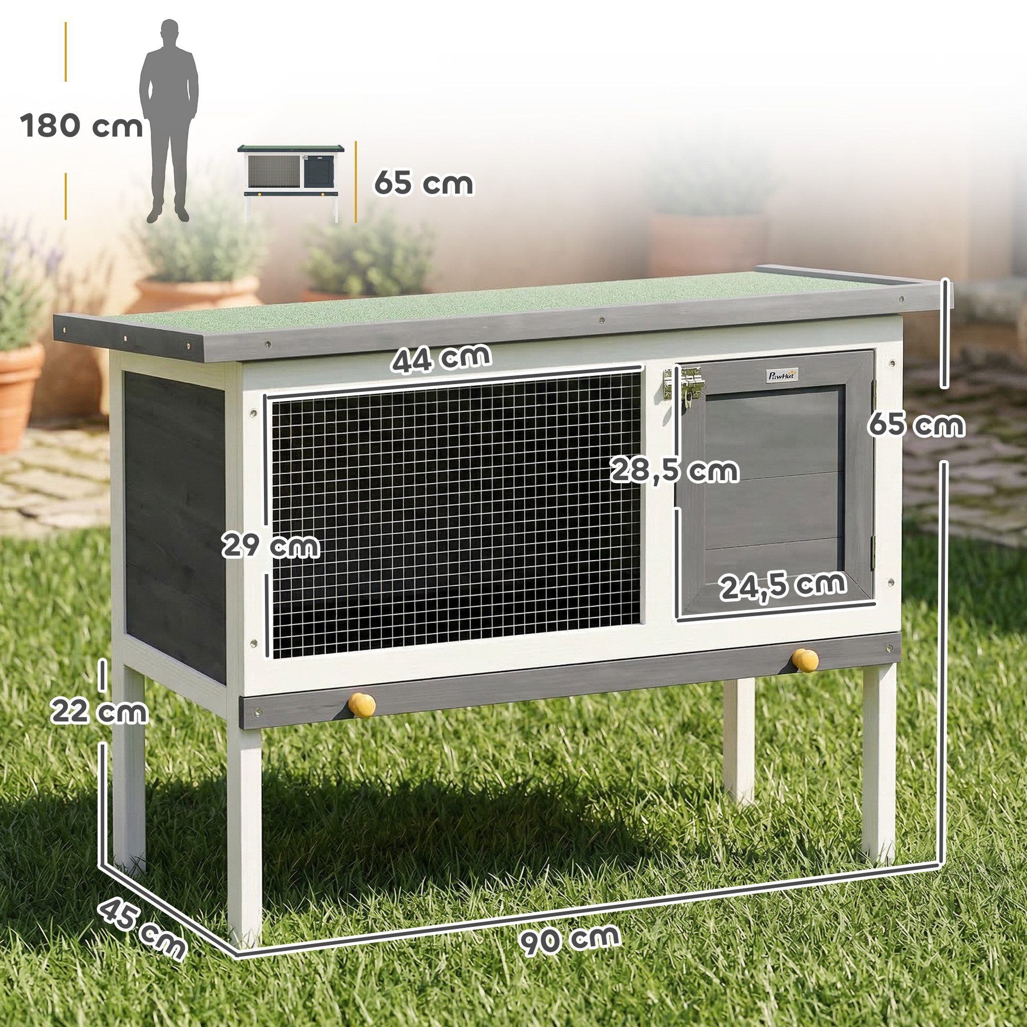PawHut Kleintierstall erhöht Hasenstall mit aufklappbar Asphaltdach herausziehbar Schublade, aus Holz für Kleintiere Outdoor 90x45x65 cm Grau