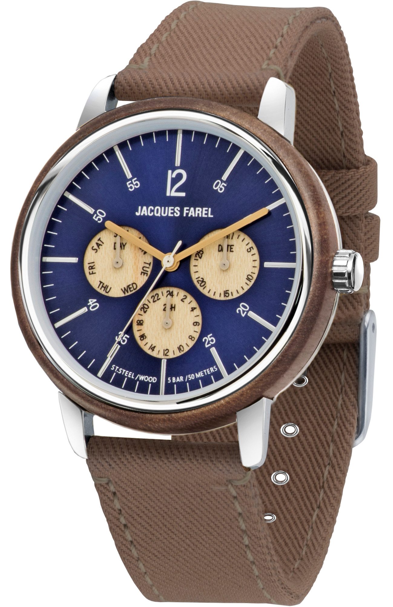 Jacques Farel Quarzuhr ORM2035 nachhaltige Herren Damen Armbanduhr Stahlgehäuse Holzring Lyocellband 5 bar, Analog Dunkelbraun Blau Multifunktion Datum Wochentag 24h Ø42 mm