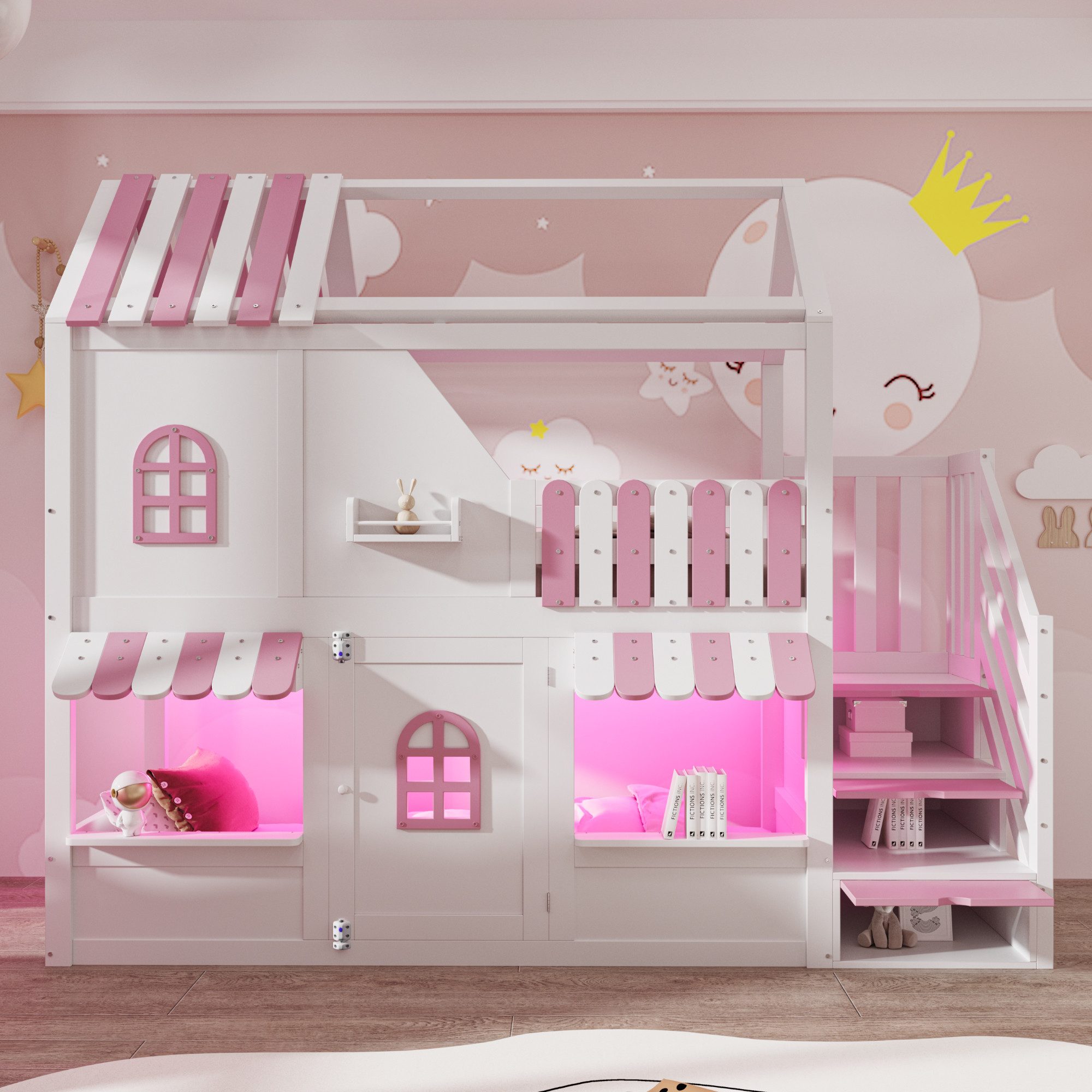 OKWISH Kinderbett Etagenbett Stauraumbett (mit Dach, Fenstern, Geländer, Tür, Stauraumleiter und LED-Beleuchtung, inklusive Regalen, 90X200 cm), ohne Matratze