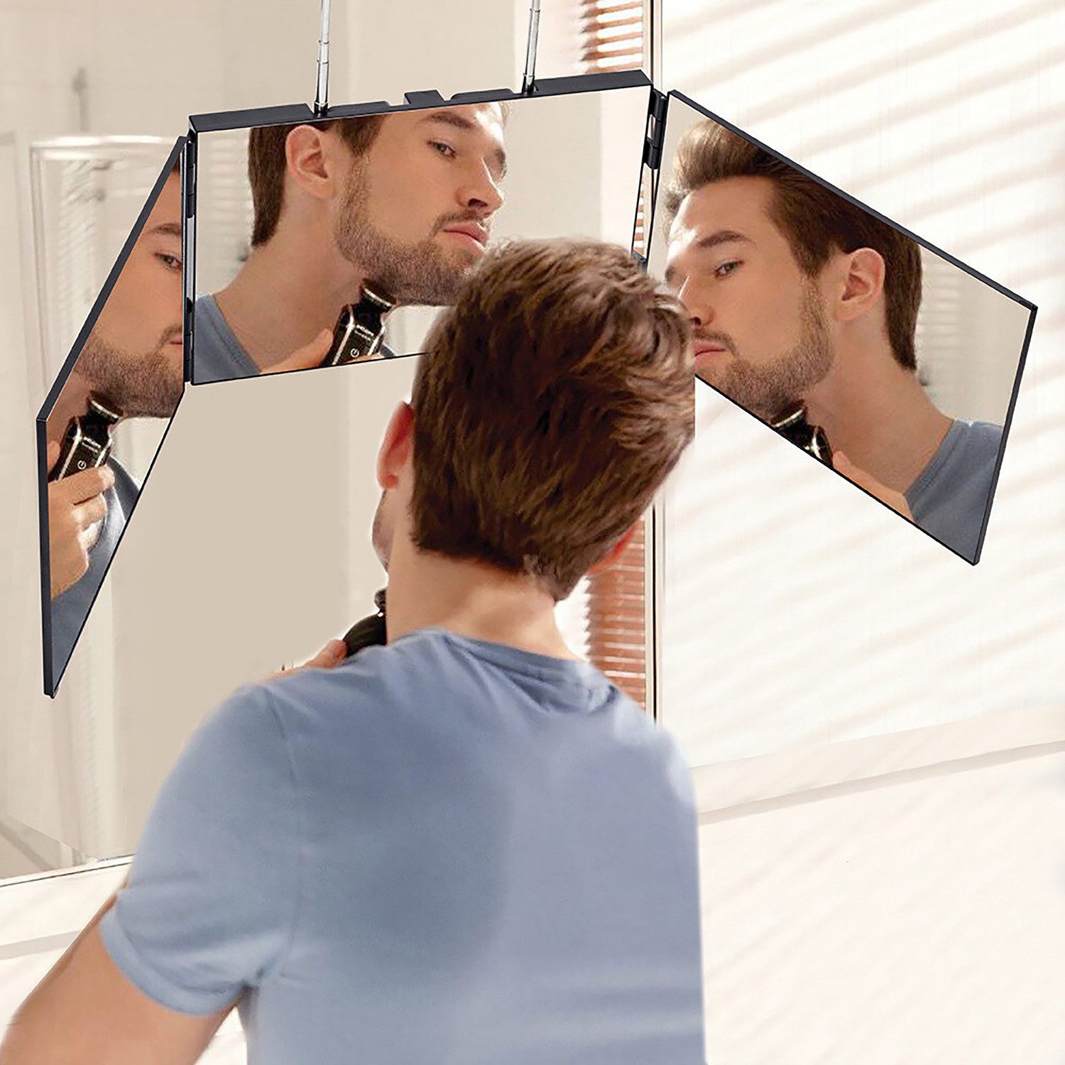 ibettertec LED-Lichtspiegel 360 Grad Spiegel zum Aufhängen - Klappspiegel 3 Teilig Spiegel Haare, Höhenverstellbarer Kosmetikspiegel für Makeup Rasieren Frisieren