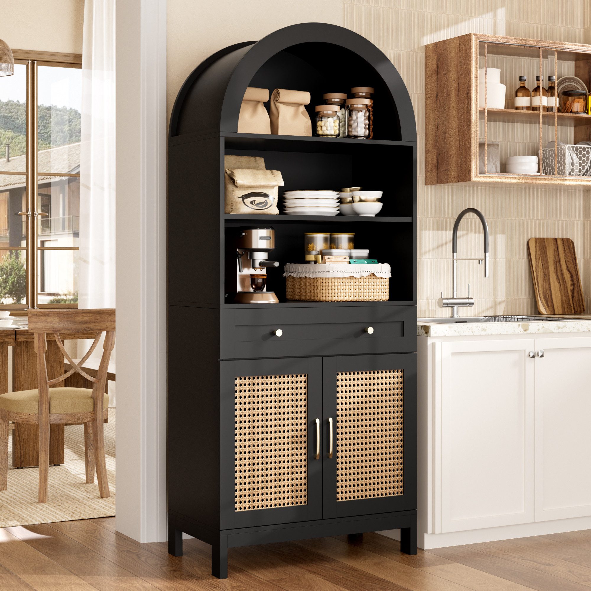 i@home Vitrine Hochschrank, Moderner gewölbter Vitrinen- und Aufbewahrungsschrank für Wohnzimmer und Flur, Schwarz + Holzoptik, Maße: 70 × 40 × 170 cm