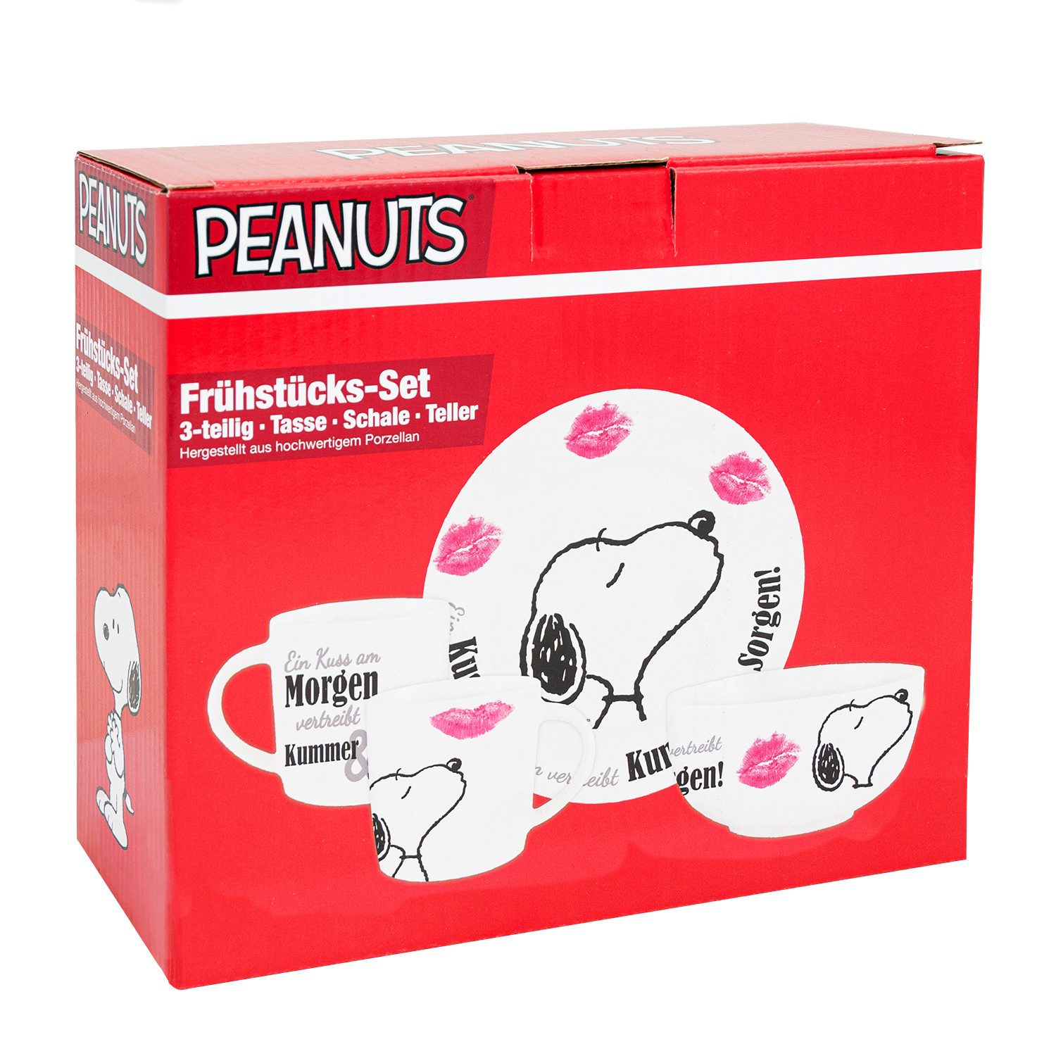 United Labels® Frühstücks-Geschirrset Peanuts Snoopy - Kuss - 3-teilig, 1 Personen, Porzellan