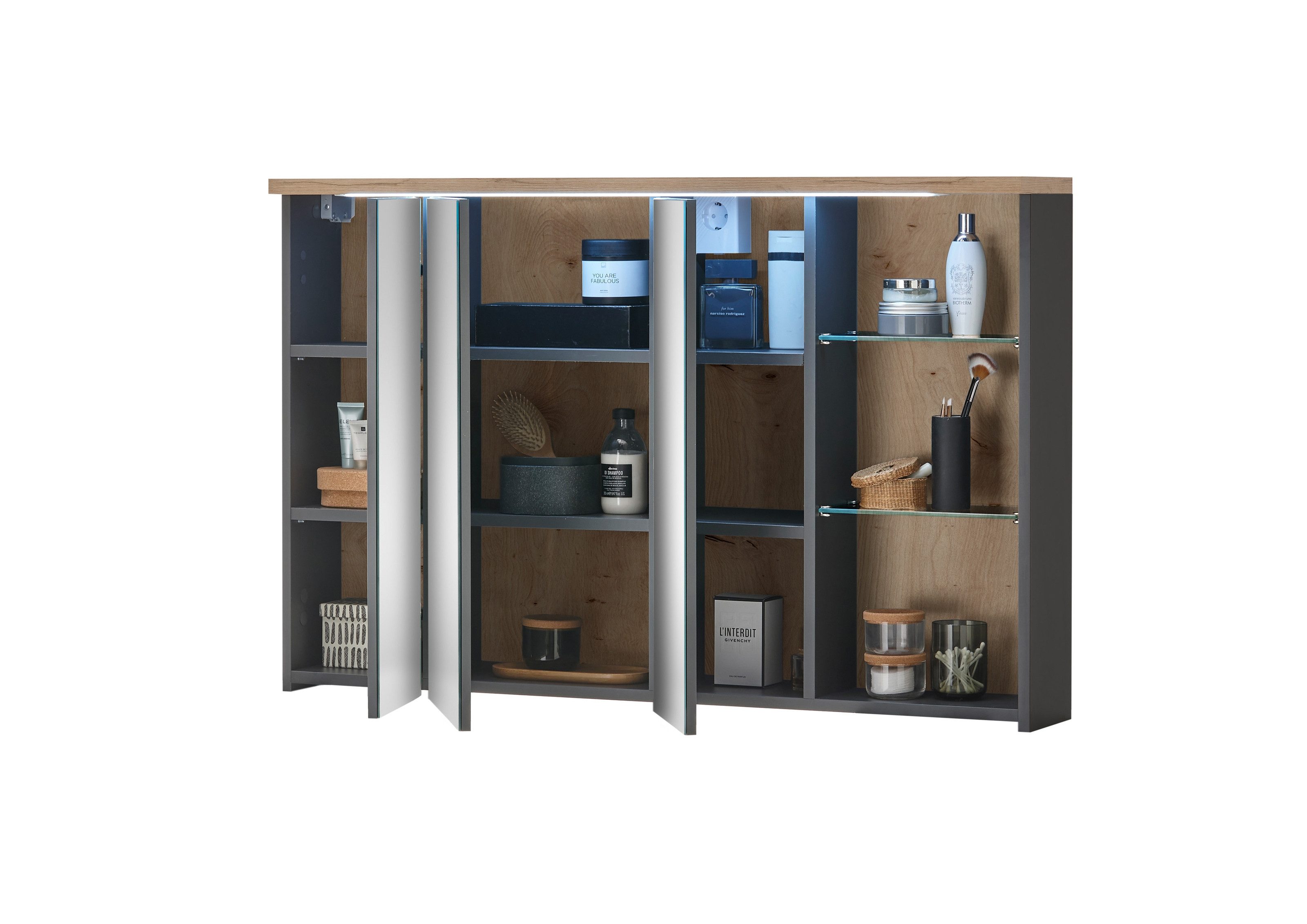 PREISBRECHER Badezimmerspiegelschrank Memphis Grau / Artisan Eiche Dekor - 110x70x20 (BxHxT) – Bild 2 von 5