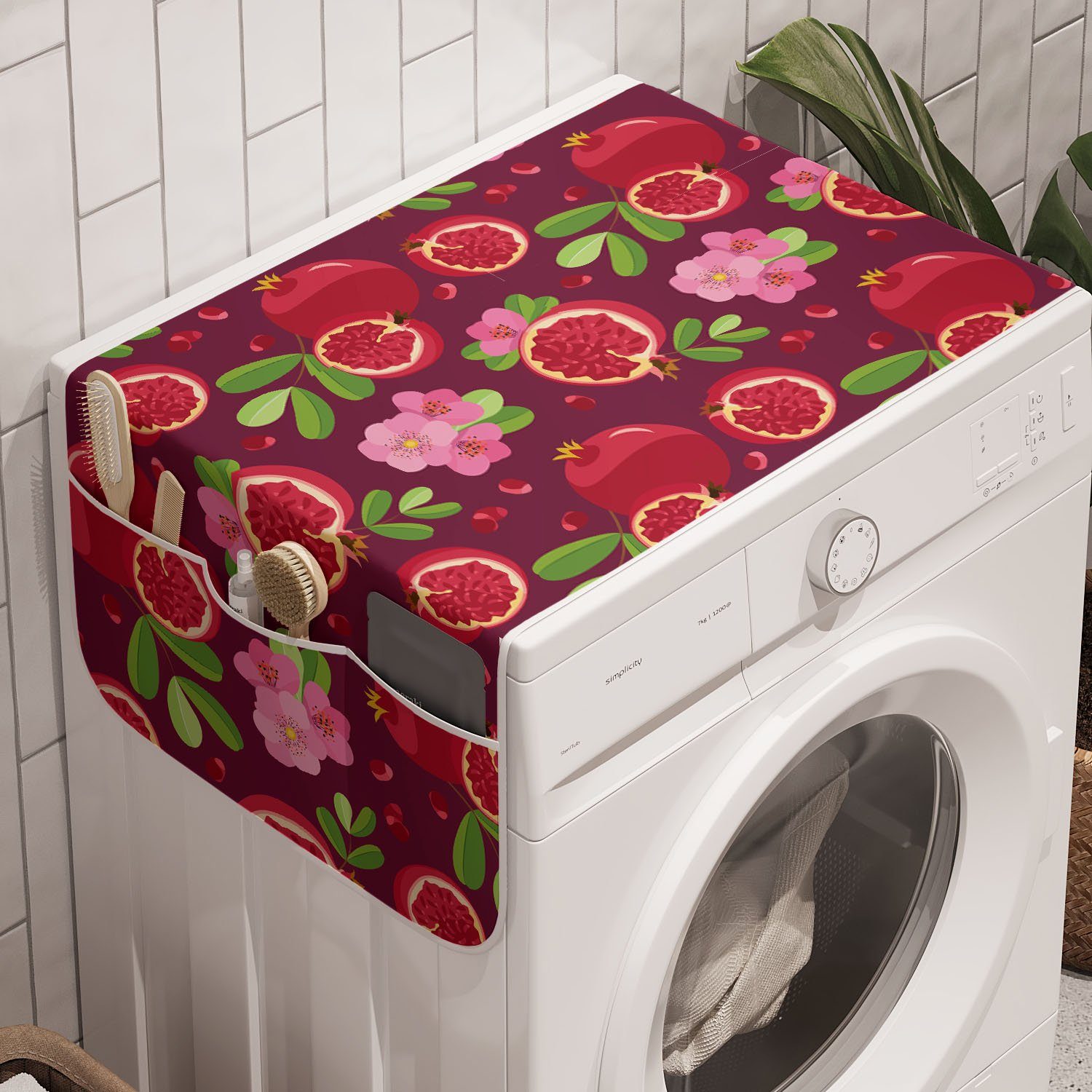 Abakuhaus Badorganizer Anti-Rutsch-Stoffabdeckung für Waschmaschine und Trockner, Früchte Granatapfel Scheiben Blumen