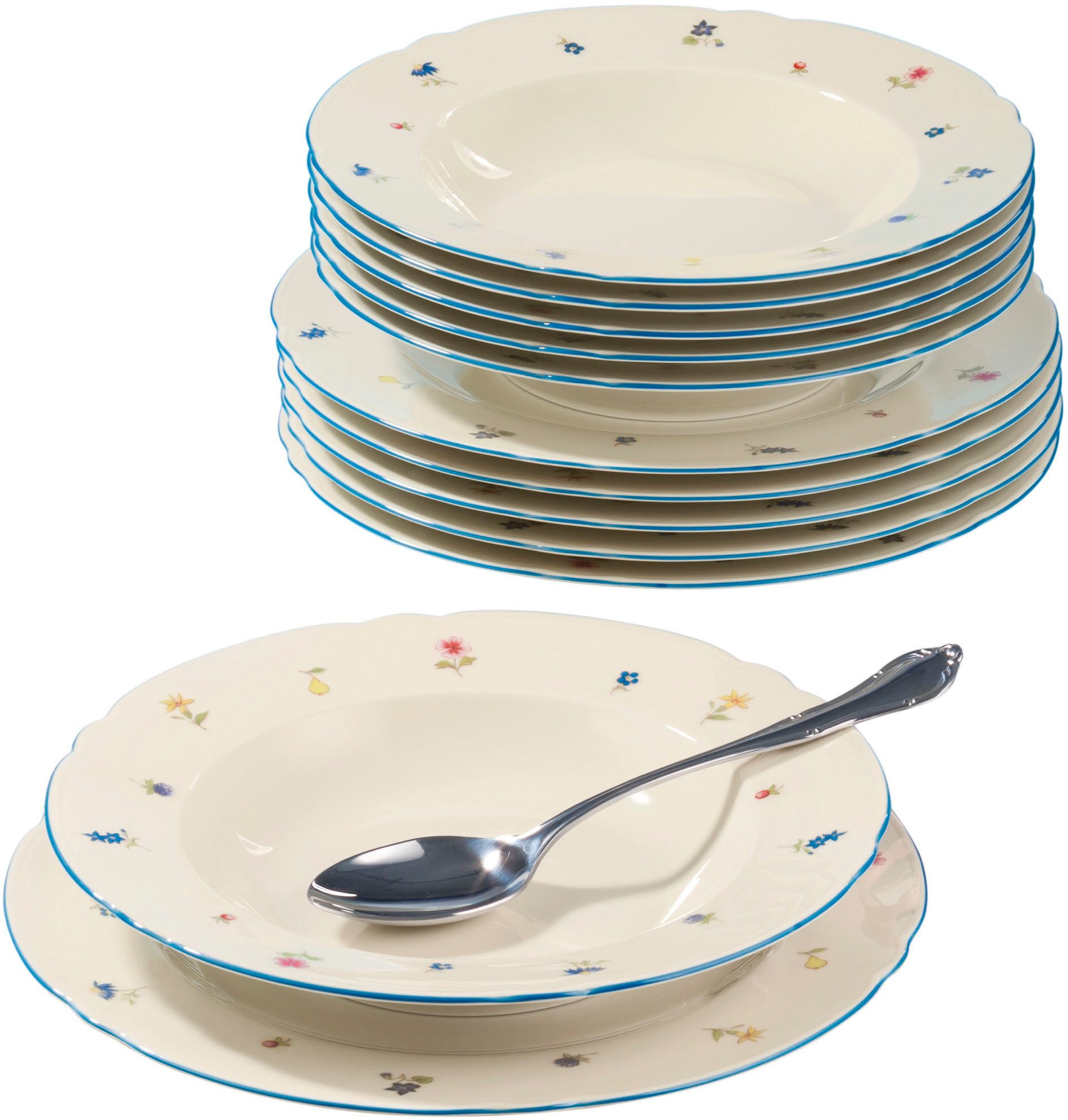 Seltmann Weiden Tafelservice Geschirr-Set, 12 Teile, Marieluise Streublume (12-tlg), 6 Personen, Porzellan, Speiseteller, Suppenteller, Made in Germany, 12 Teile, für 6 Personen