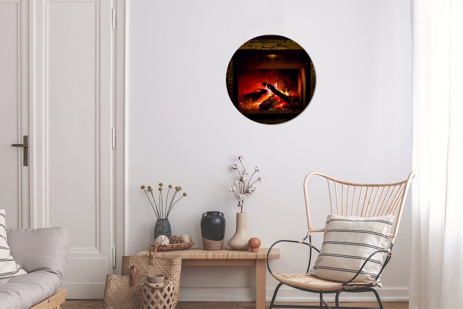 Forex, Licht, MuchoWow Wanddekoration Wandbild, Gemälde Kreis (1 30x30 Wohnzimmer, rotem Rundes mit St), Feuerstelle cm