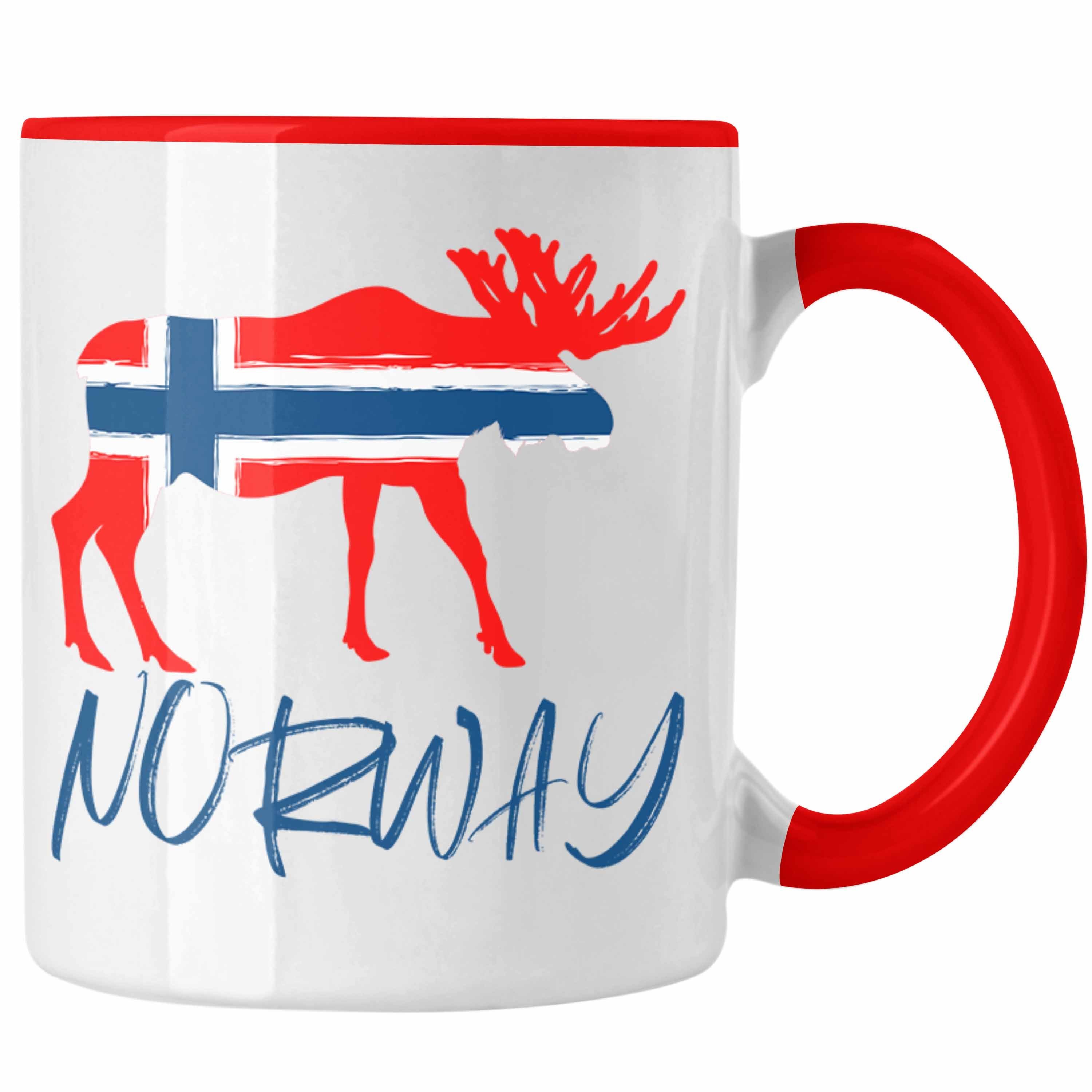 Trendation Tasse Trendation - Norwegen Geschenke Tasse Flagge Nordkap Elch Norway Grafik Rot
