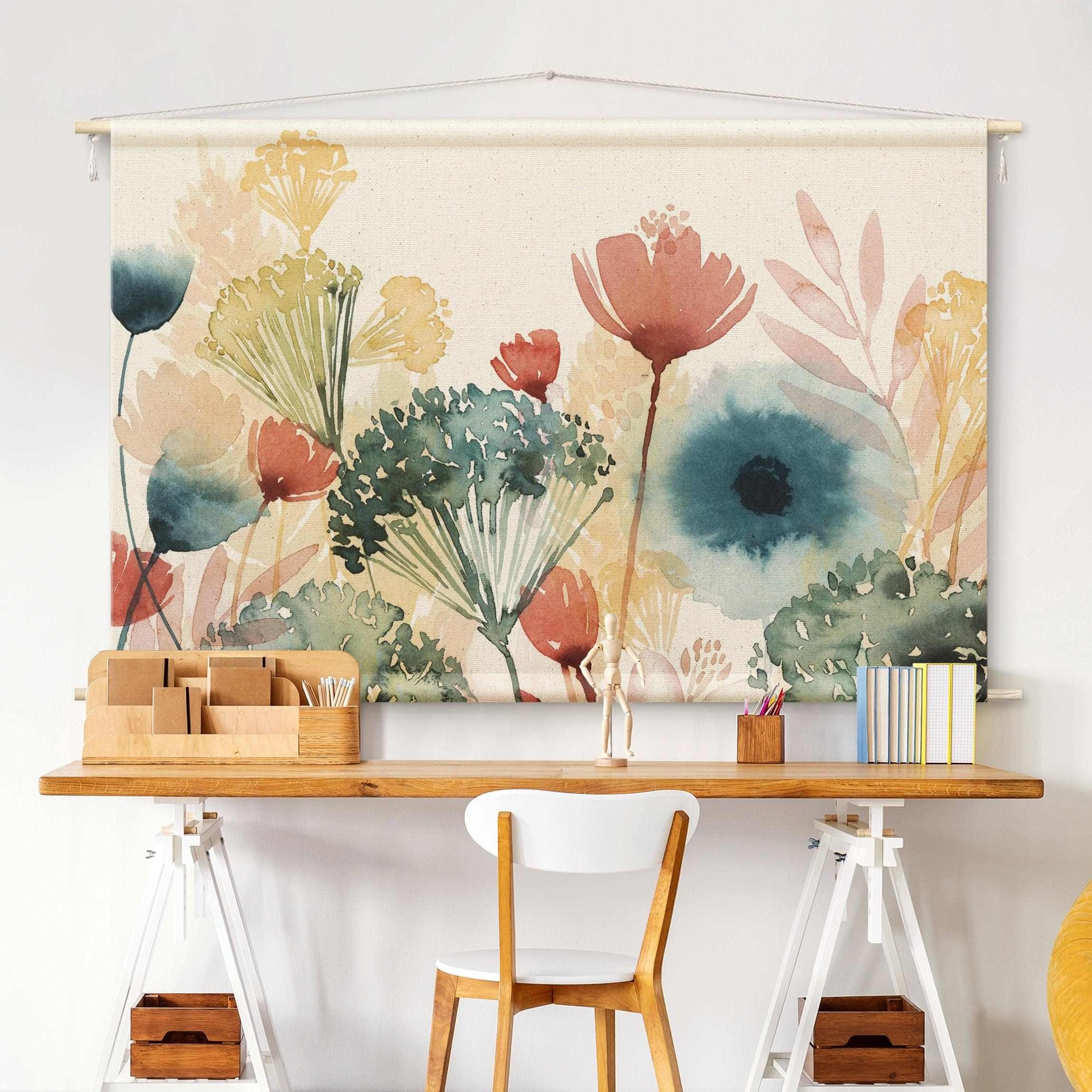 Bilderdepot24 Wandteppich modern Blumen Aquarell Landhaus weiss, rechteckig, Höhe: 2.6 mm, großes Wandbild aus Natur-Baumwolle Wandbehang Stoffbild Tuch Wollseil
