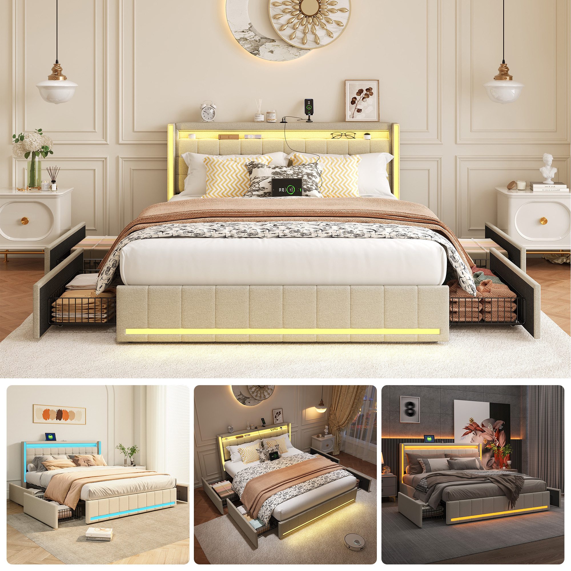 PXloue Polsterbett LED Doppelbett (Inklusive USB-Typ-C-Ladeanschluss), günstig online kaufen