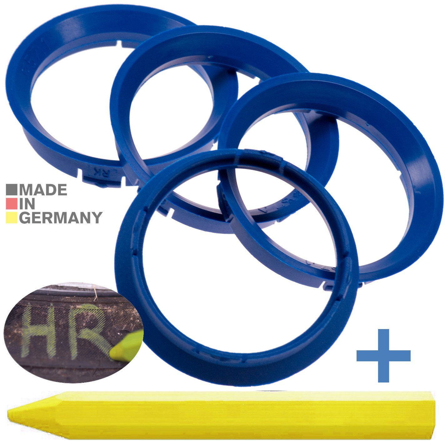 RKC Reifenstift 4X Zentrierringe Blau Felgen Ringe + 1x Reifen Kreide Fett Stift, Maße: 63,3 x 57,1 mm | Reifenstifte