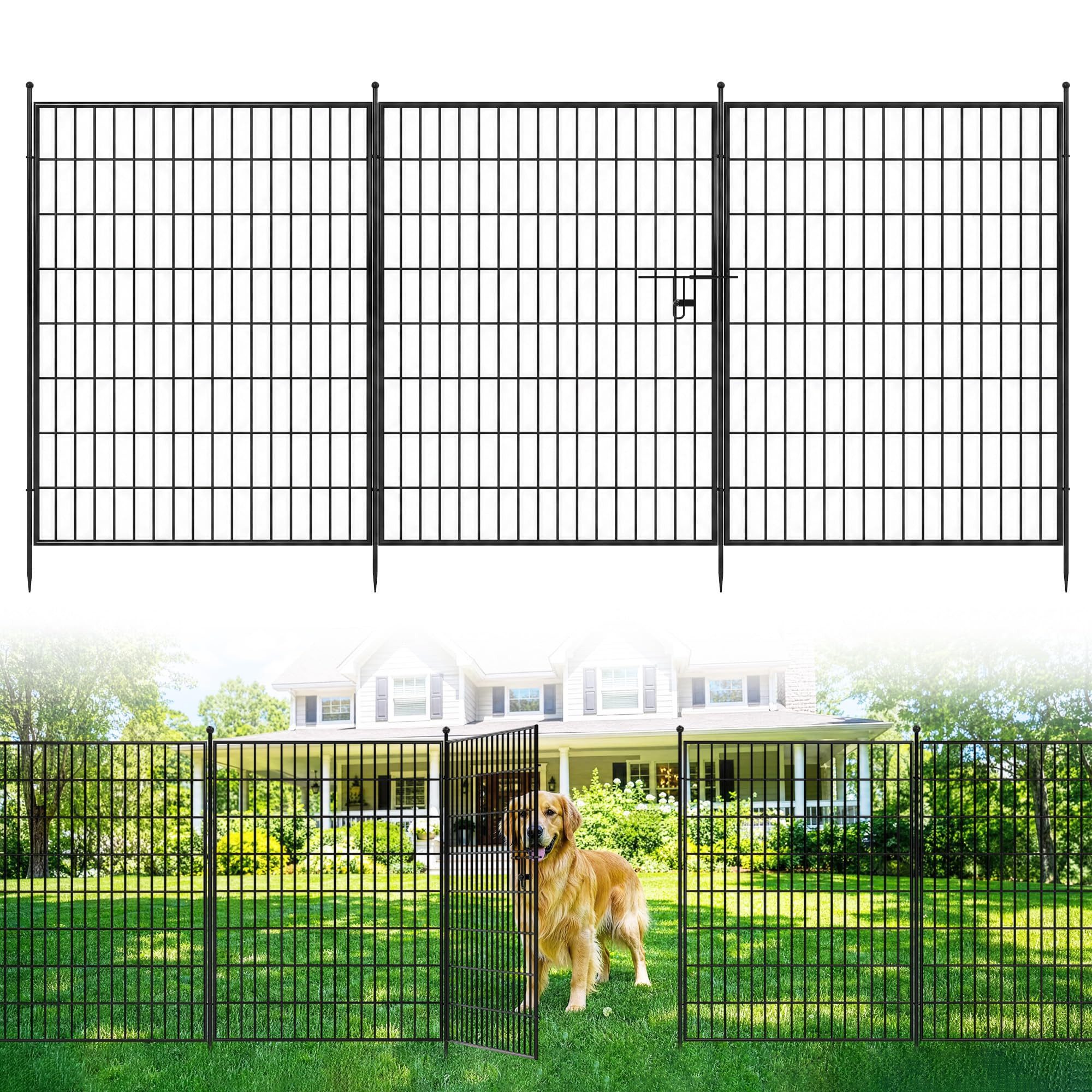 GarveeMore Gartenzaun Freigehege aus Eisen, Metallzaun zum Stecken, kein Graben nötig, (Set, 10-St), 100 cm Höhe mit Tür, schwarz, Beeteinfassung, Hundezwinger, Camping