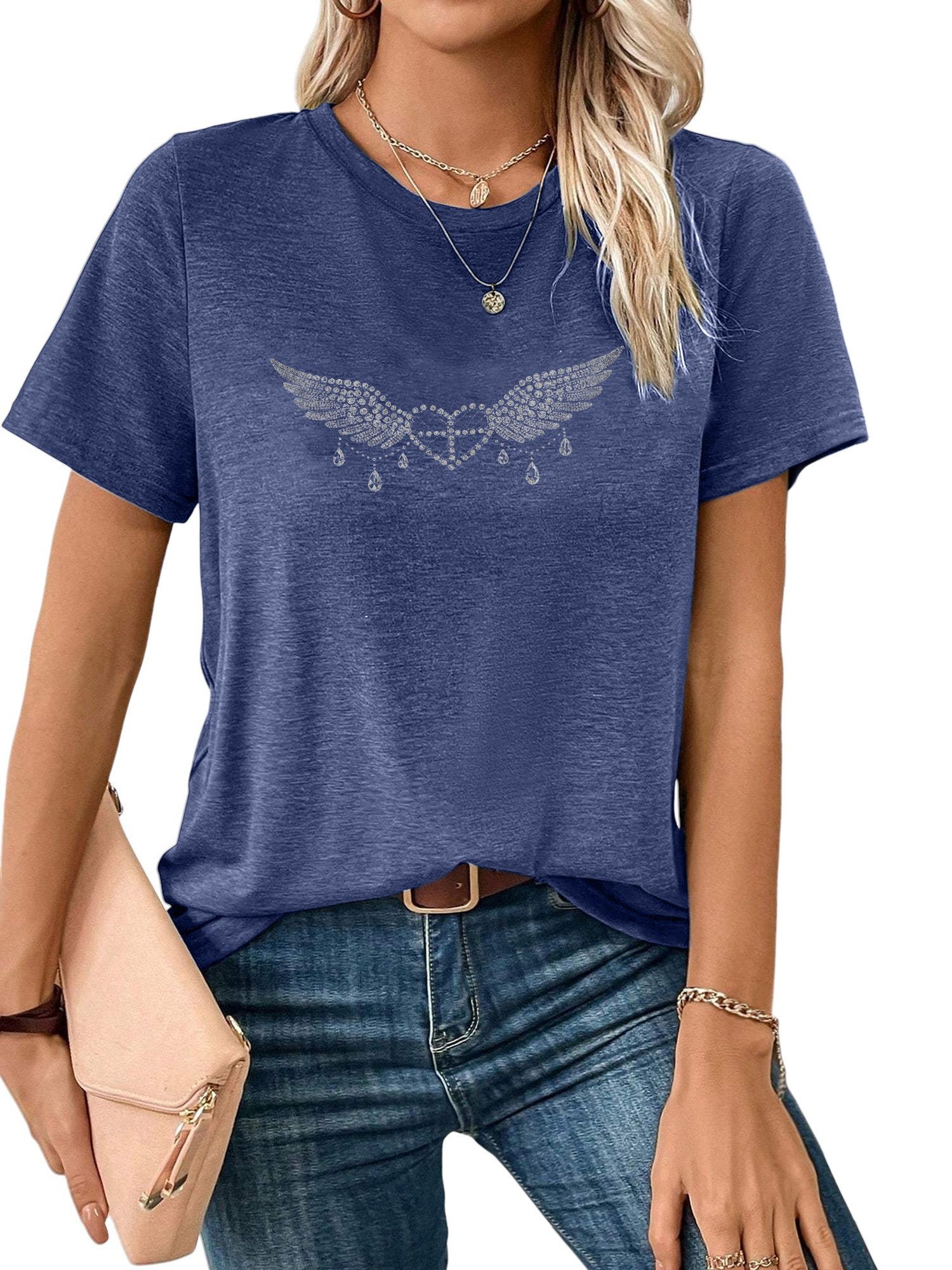 PYLIKE Print-Shirt Damen bequemes Sommer Kurzarmbluse Locker Kristall Print günstig online kaufen