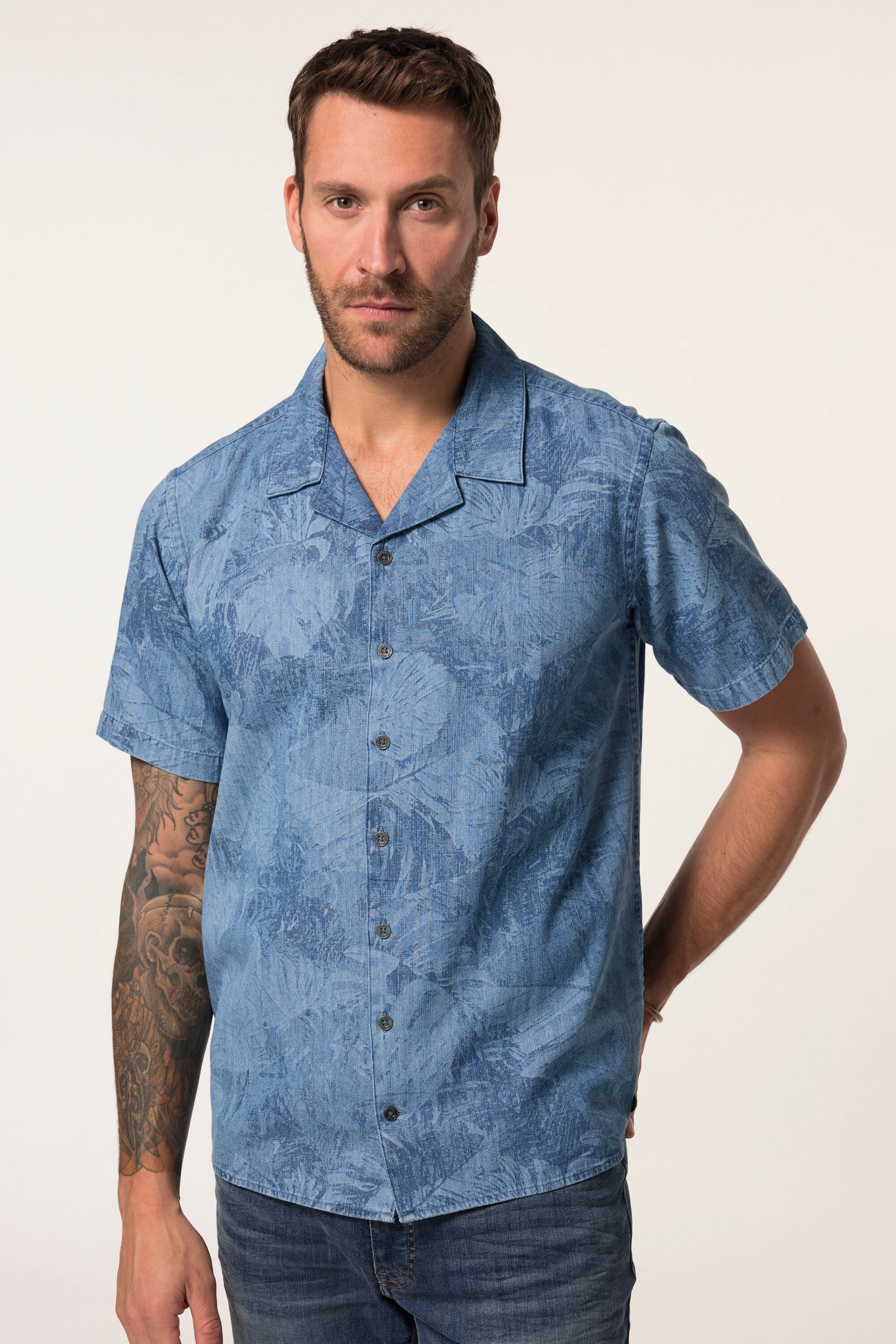 Kurzarmhemd JP 1880 Jeanshemd Denim Halbarm Laserprint