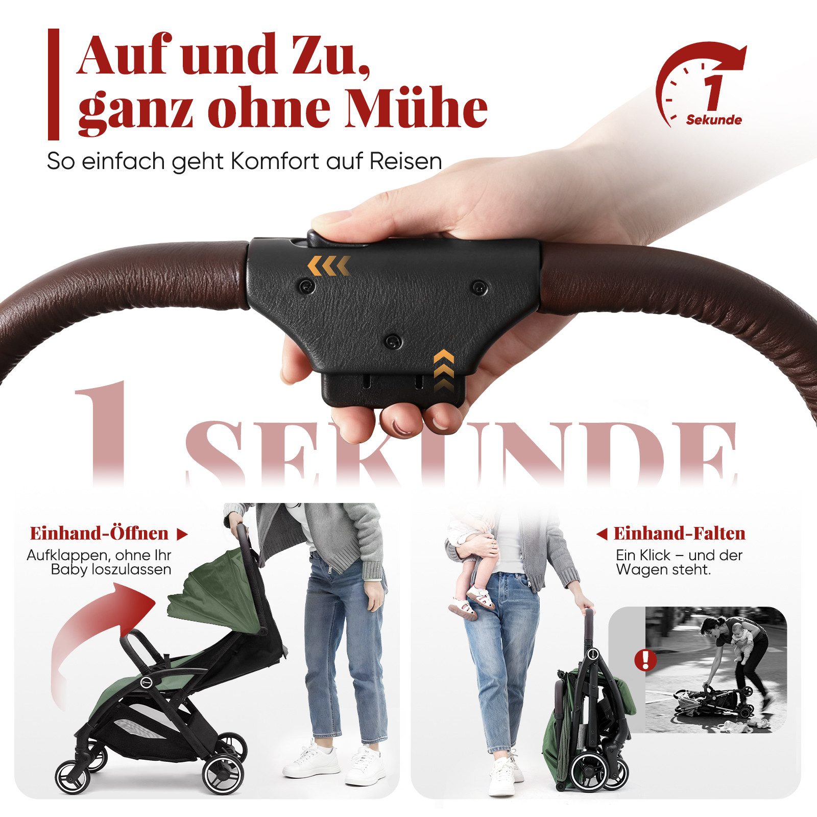 Sekey Kinder-Buggy mit Regenschutz, 3-fach verstellbar Reise Kinderwagen für Flugzeug, Einhand-Faltmechanismus, 4-Rad-Federung, 5-Punkt-Gurt, Sichtfenster