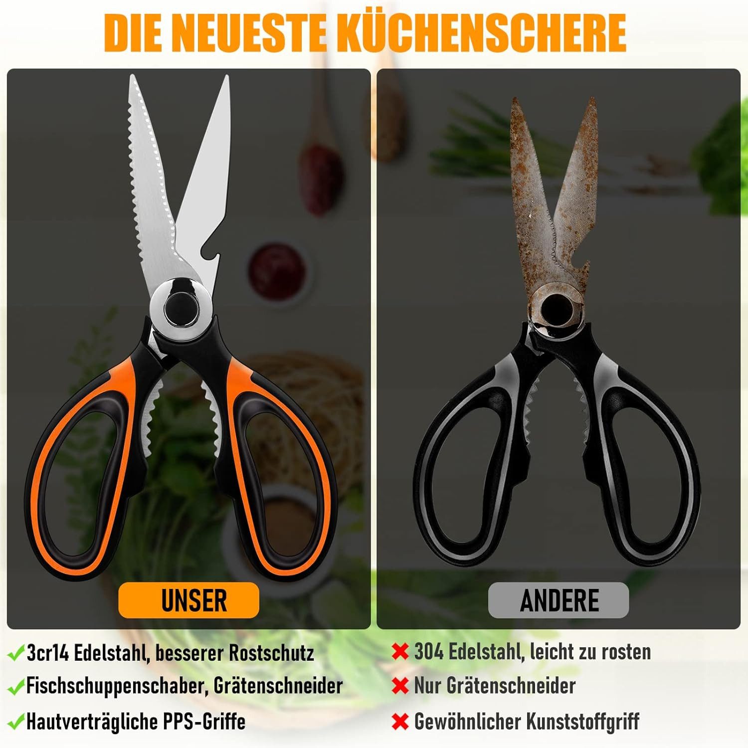 SinLaw Haushaltsschere Küchenschere Schwerlast, Scharfe Küchenschere aus Edelstahl mit Deckel, (1-tlg), Mehrzweck Haushaltsschere Hochwertig, Spülmaschinenfest