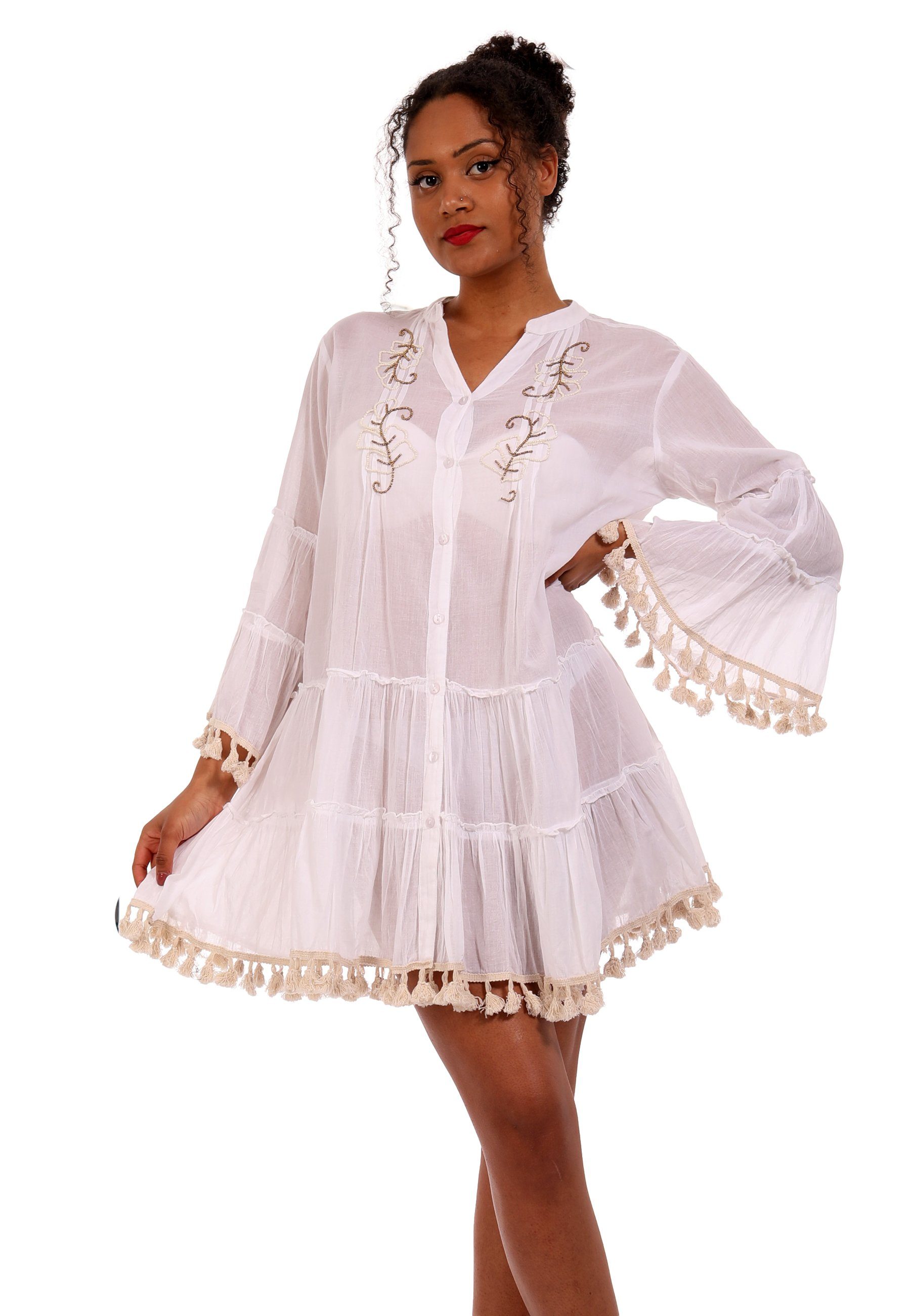 YC Fashion & Style Strandkleid Minikleid Bohemian Tunika Kleid Sommerkleid  transparent mit Quasten und Perlen Besatz (1-tlg) mit Volants