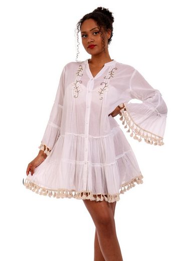 YC Fashion & Style Strandkleid »Minikleid Bohemian Tunika Kleid Sommerkleid transparent mit Quasten und Perlen Besatz« (1-tlg) mit Volants