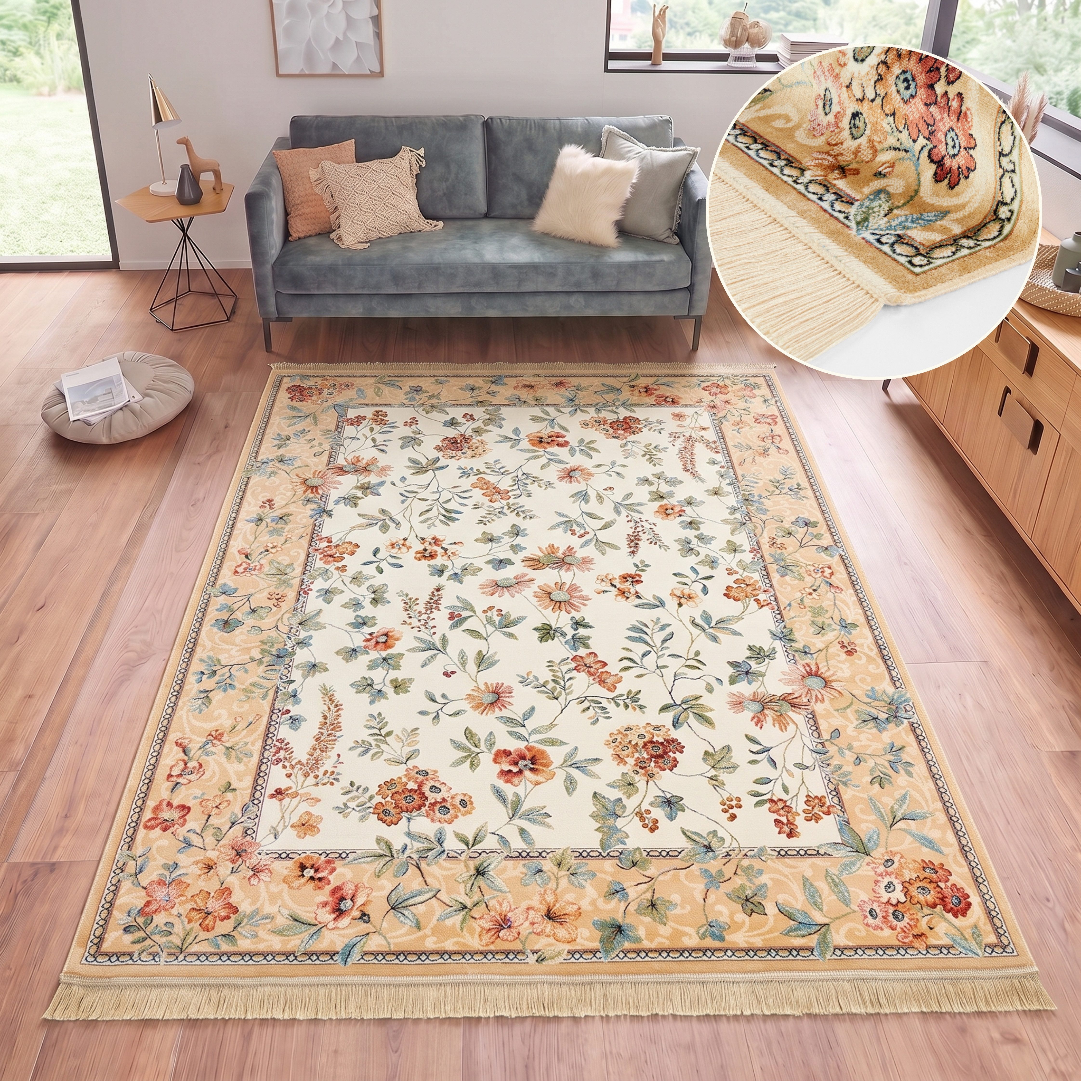 HANSE Home Teppich Orient Flowers, rechteckig, Höhe: 5 mm, Kurzflor mit Fransen, Orient, Wohnzimmer, Schlafzimmer, Esszimmer