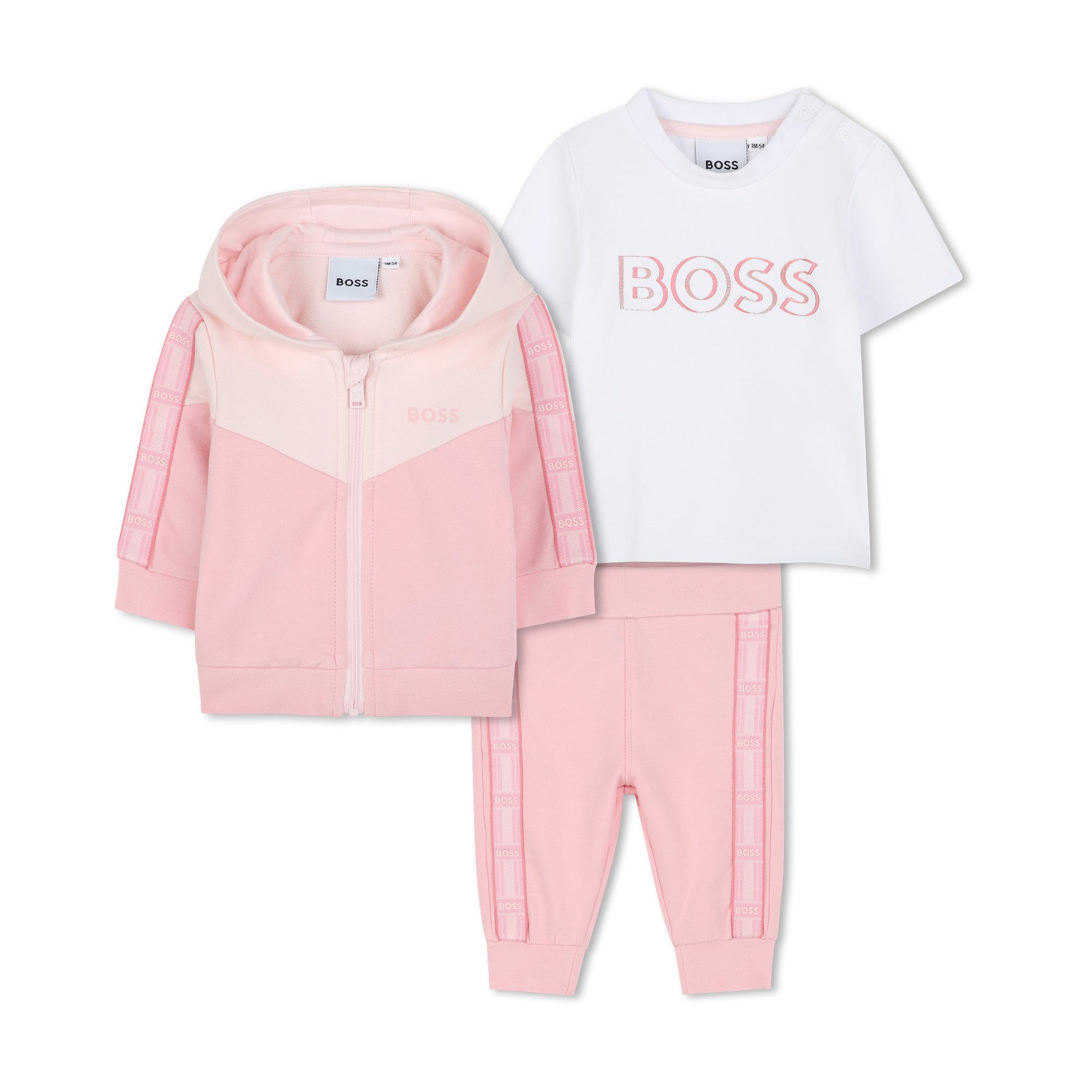 Boss Kidswear Jogginganzug BOSS Kidswear sommerlicher 3-teiliger Jogginganzug in weiß/ rosa