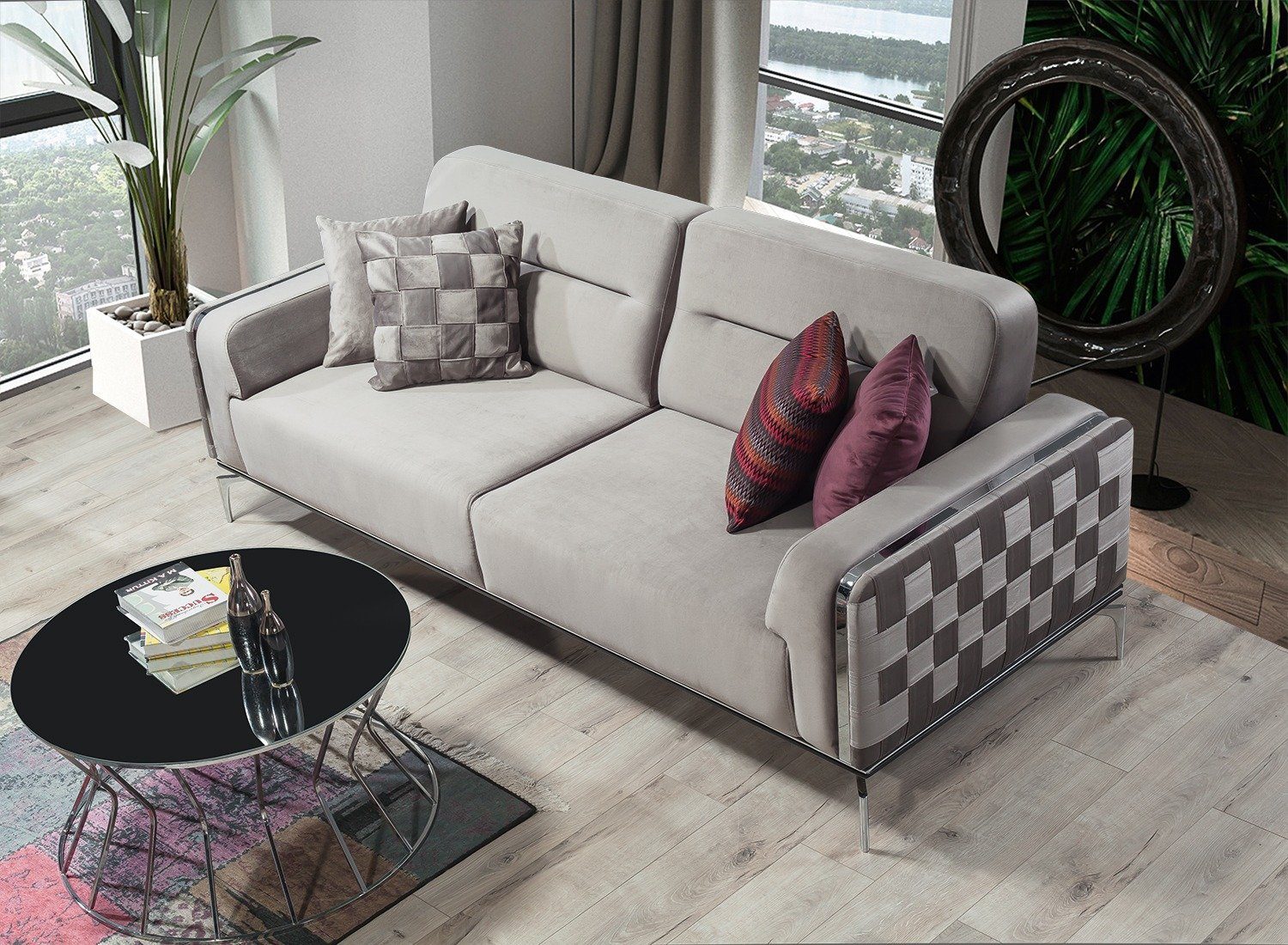in Sofa Stk. 1 2-Sitzer, Villa Metallfüße Mikrofaserstoff, Made pflegeleichter Check, Turkey, Möbel Grau Quality