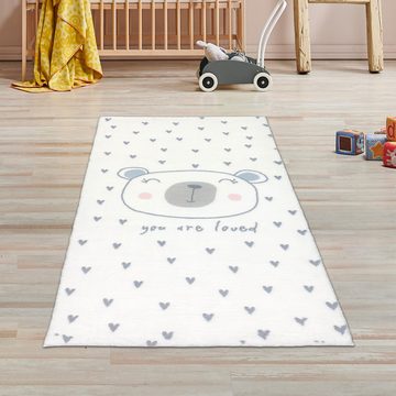 Kinderteppich Kinderzimmer-Teppich mit Herzen und einem süßen Bären, creme, TeppichHome24, rechteckig, Höhe: 18 mm