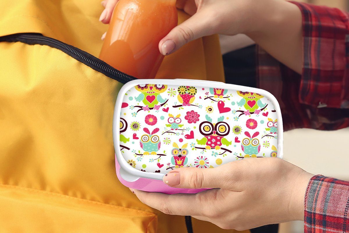MuchoWow Lunchbox Muster - Erwachsene, Snackbox, Mädchen, (2-tlg), Brotdose Eule Brotbox Tiere, Kinder, rosa - für Kunststoff, Kunststoff