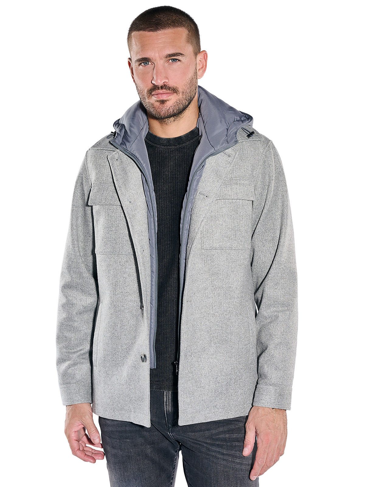 emilio adani Kurzjacke Herren Wolljacke mit abnehmbarer Kapuze, Silbergrau