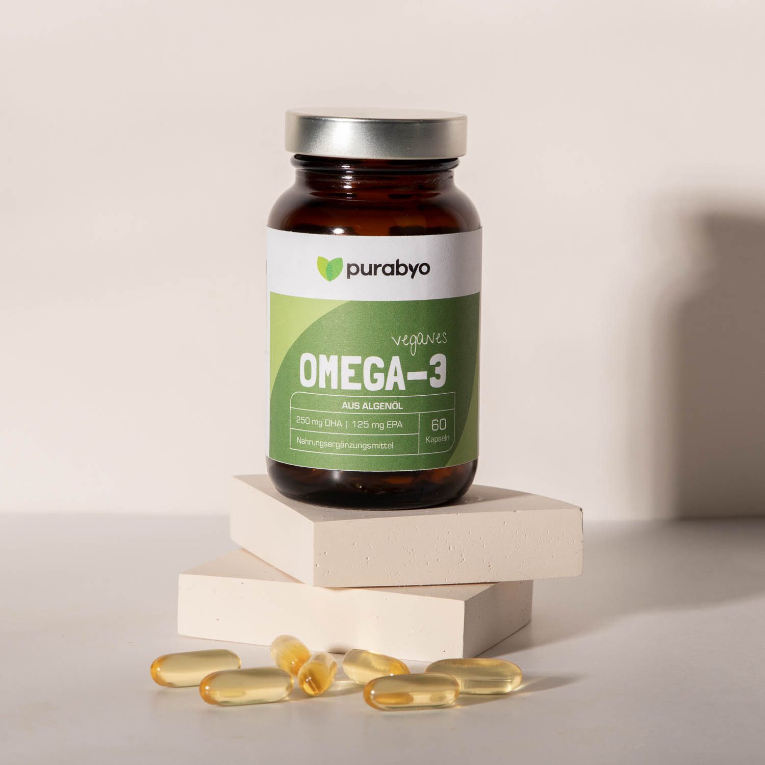 Purabyo Omega-3 Algenöl Kapseln, vegan, 250 mg DHA,+125 mg EPA, im Glas Kapseln, 60 St., 71 g