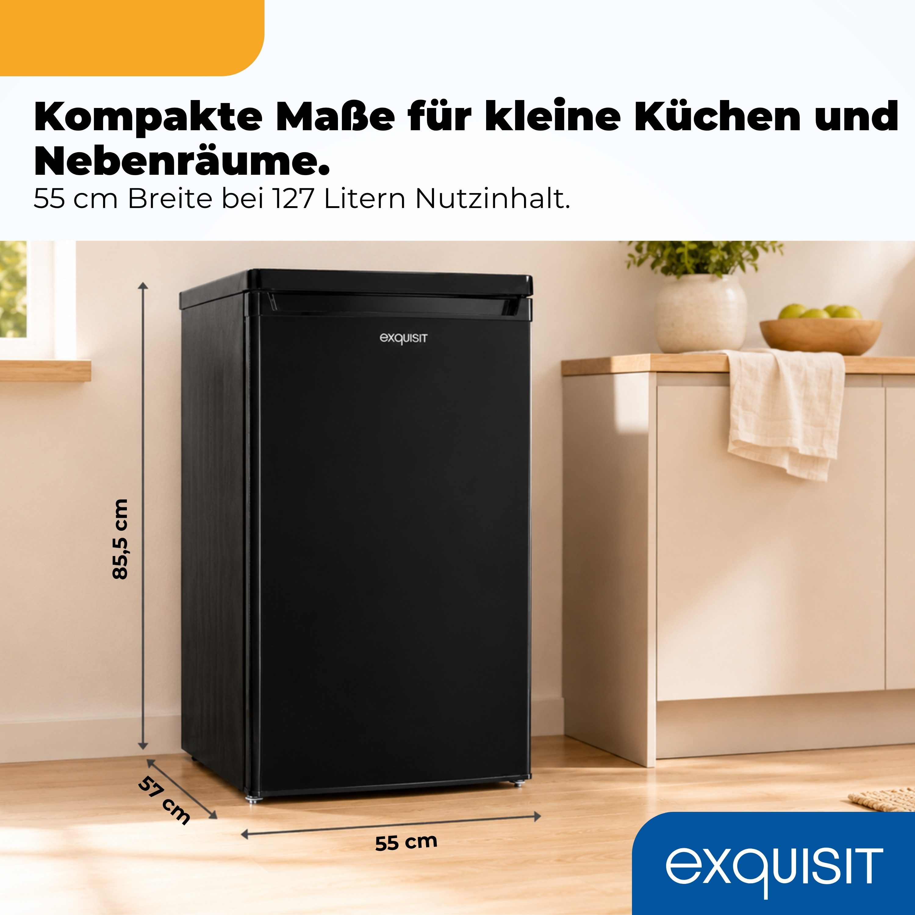 exquisit Vollraumkühlschrank KS516-V-040E, 85.5 cm hoch, 55 cm breit, 127 l Nutzinhalt, LED Beleuchtung, Energieklasse E, 39 dB