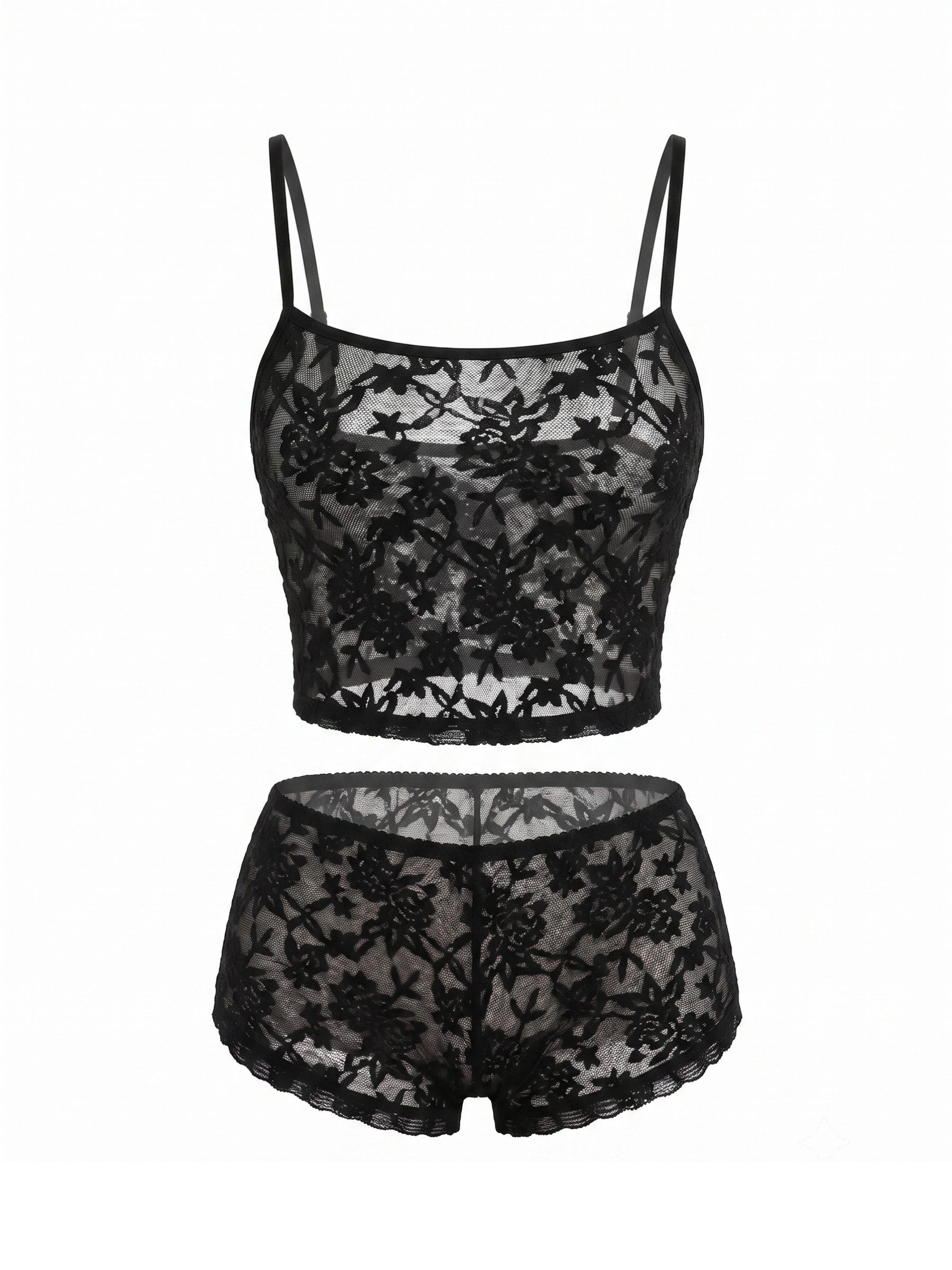 Elegant Love Shorty Damen Nachtwäsche Set, Tanktop und Shorts, Bustier-Top (Dessous-Set, 2 tlg., Camisole-Spitzentop mit Spaghettiträgern und kurze Spitzenhose) – Bild 2 von 5