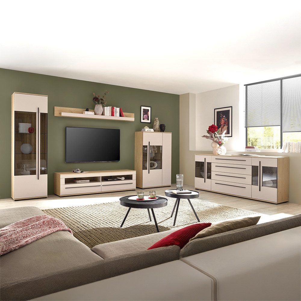 Lomadox Wohnwand COLORADO-61, (5-St., Sideboard Lowboard Vitrine Highboard Wandregal), Wohnzimmermöbel-Set in Beige mit Eiche