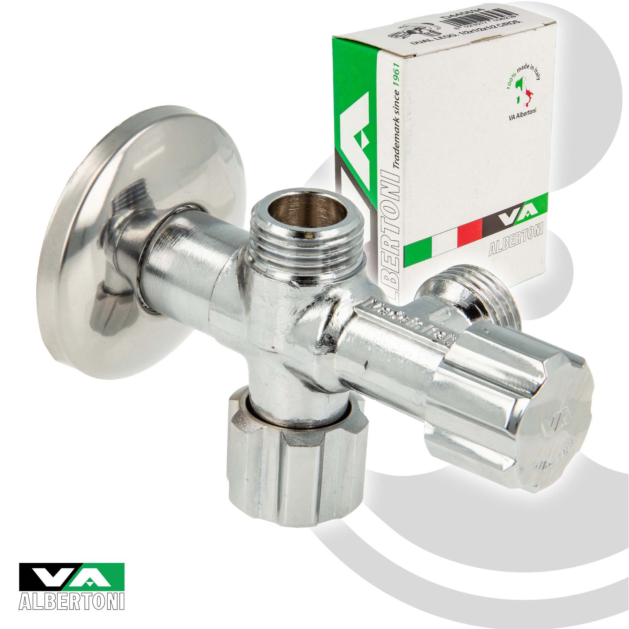VA Albertoni Eckventil Doppeleckventil 1/2 Zoll (DN 15), mit. 2 x 1/2 Zoll Abgängen, D445694, einzeln absperrbar – Bild 2 von 5