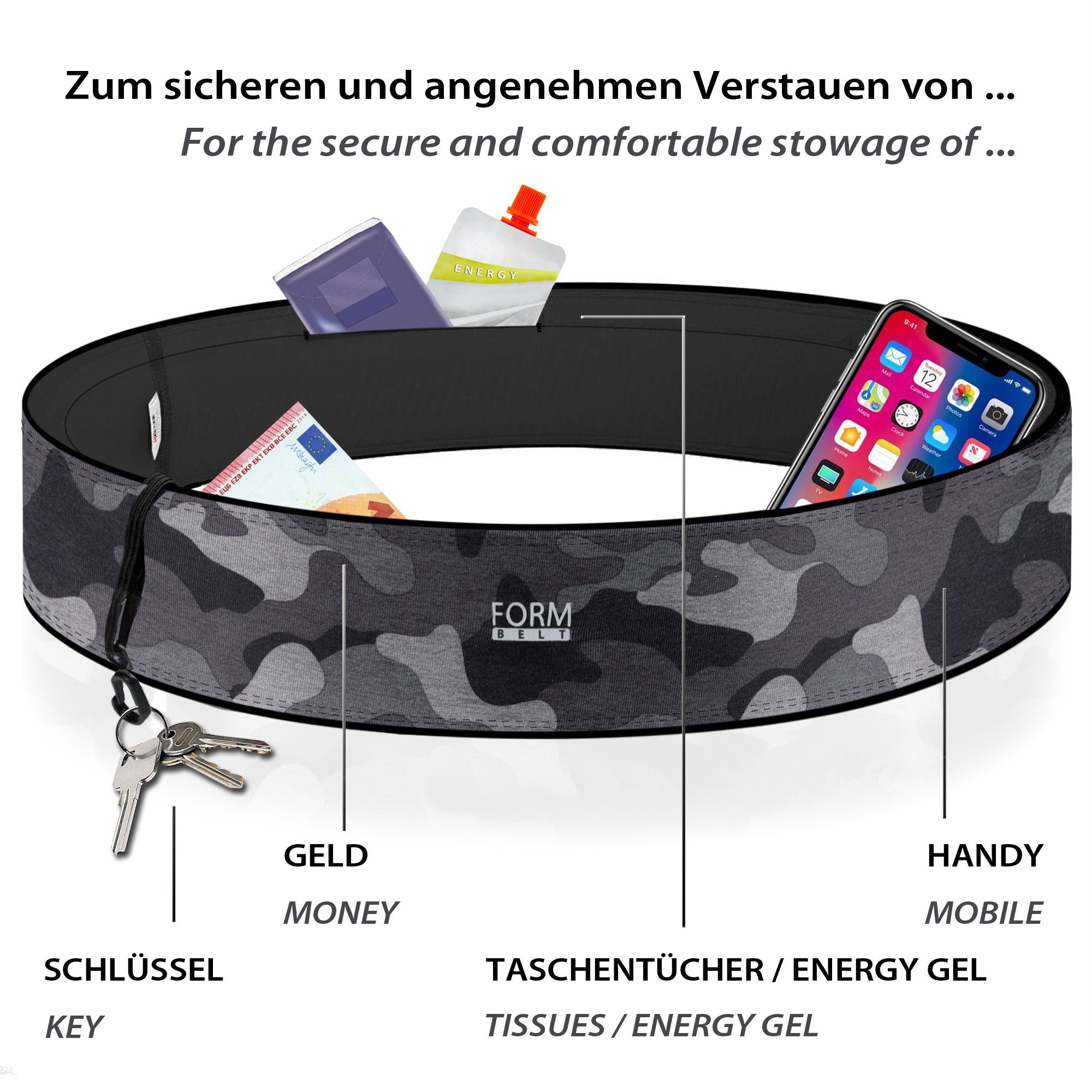 Formbelt Laufgürtel Handytasche für Camouflage Handy, 12, dark Lauftasche, Herren, Laufgürtel lauftasche sport, für 21 marathon, Hüfttasche zum Joggen jogging, Iphone sportlaufgürtel, Gürtel, Laufgürtel z.B. Galaxy bauchtasche Damen, Tasche Smartphones Jogging laufen Xiaomi