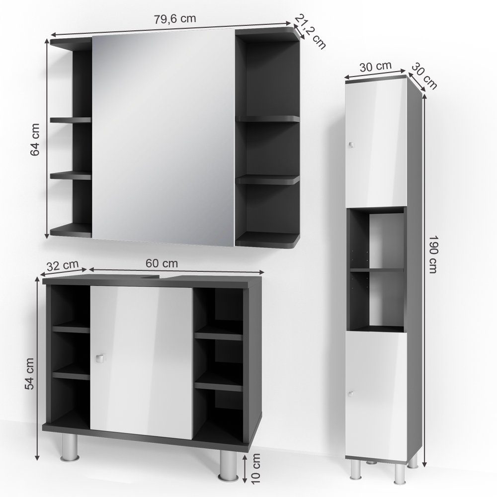 Vicco Badmöbel-Set Fynn, Anthrazit/Weiß Hochglanz, 3 Teile, mit Hochschrank, (3-er Set, 3-St., 3er Set)