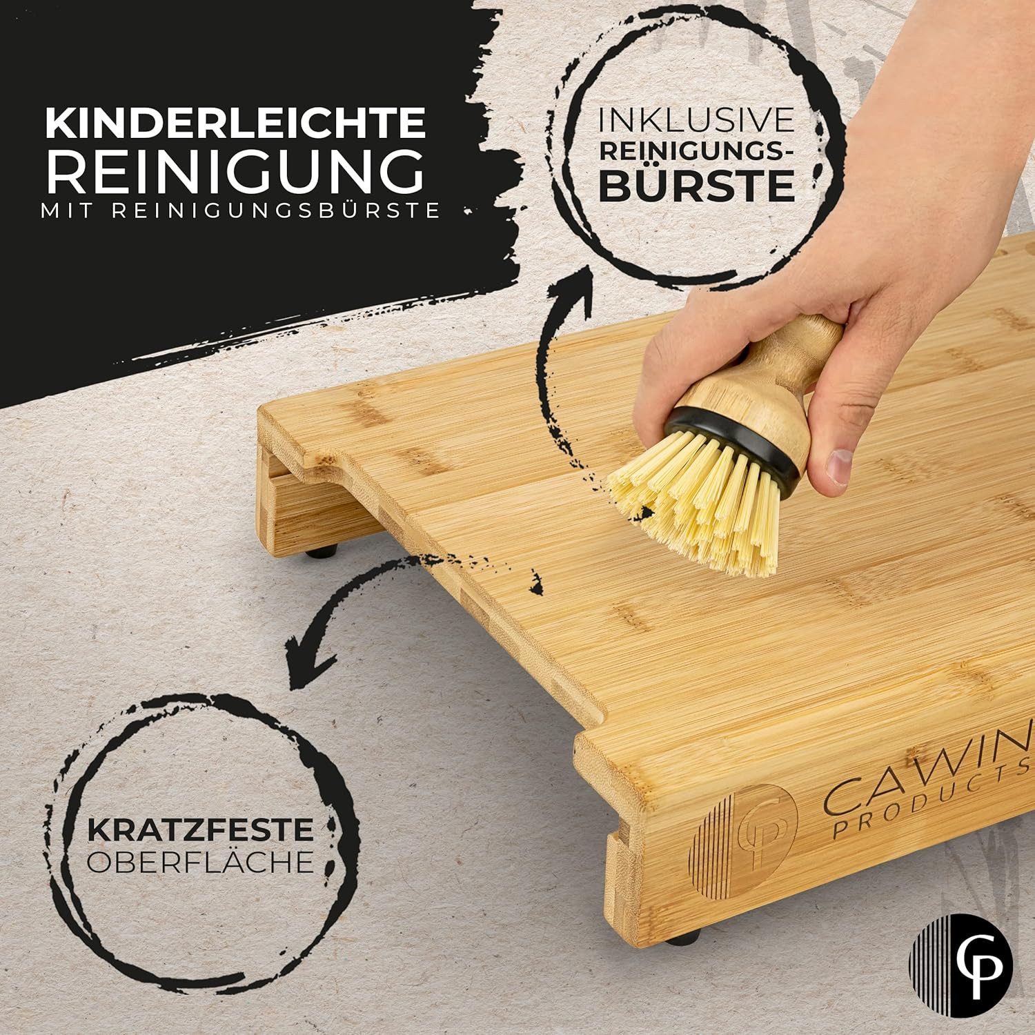 CAWINI Schneidebrett CAWINI Premium Bambus-Schneidebrett Set mit Auffangschalen & Bürste, Bambus, (XXXL Premium Frühstücksbrett-Set aus Bambus mit Auffangschalen & Zubehör., Komplettes Schneideunterlage-Set mit Edelstahl-Schalen & Bürste), Bambus-Küchenbrett mit rutschfesten Füßen & Saftrille.