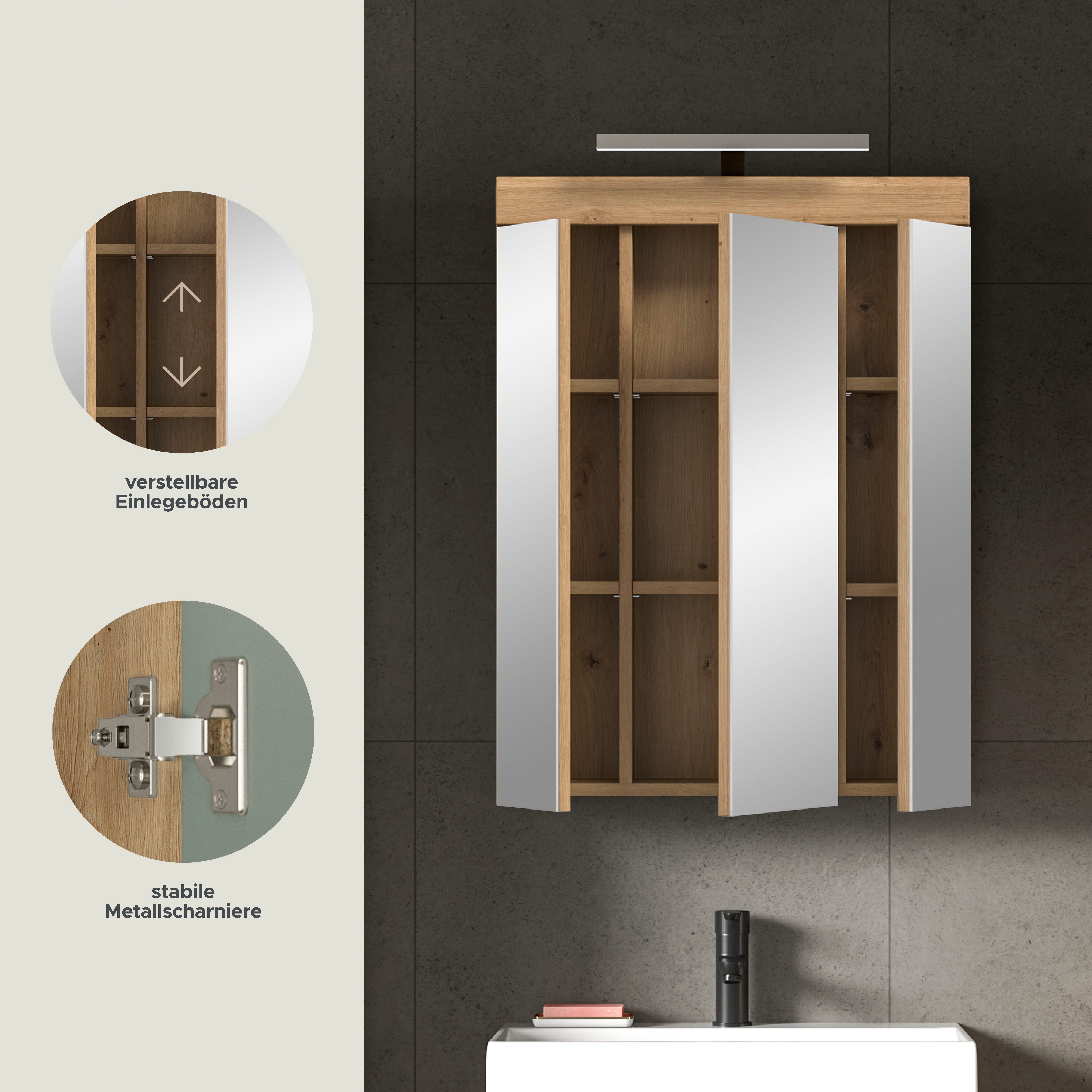 welltime Badezimmerspiegelschrank SIENA, Breite 60cm, inkl. Beleuchtung, 3 Spiegeltüren, 9 Fächer (Set, TOPSELLER) in verschiedenen Farben erhältlich, Badmöbel, Badschrank, Schrank, Bad