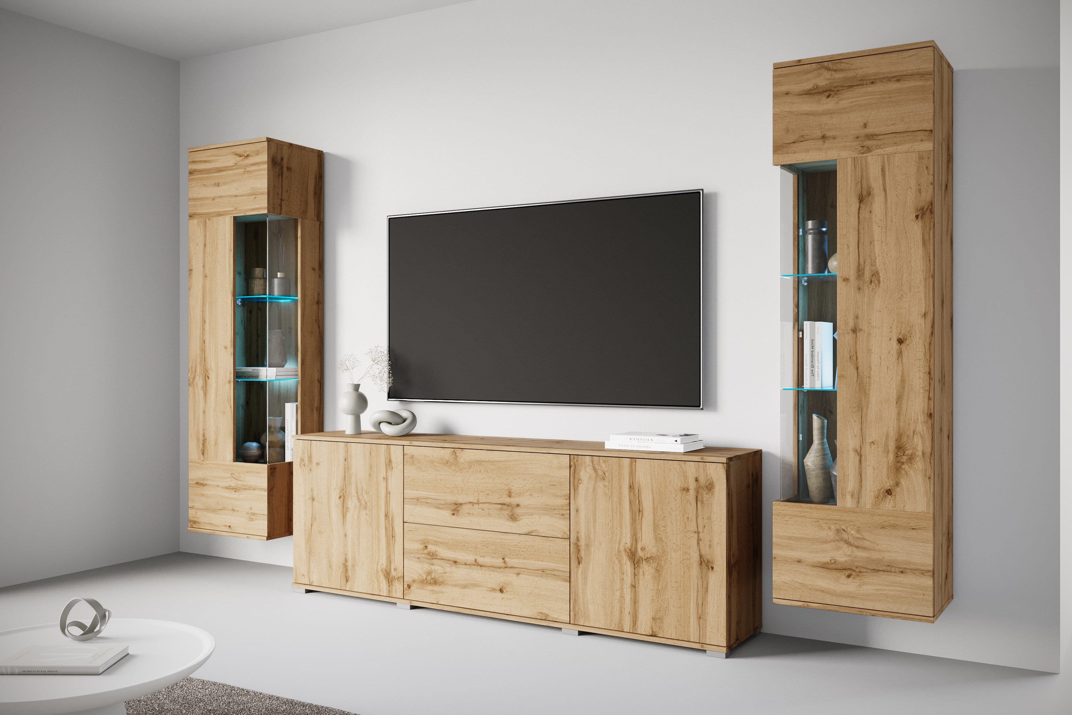 OTTO home Wohnwand KENIA, (Komplett-Set, 3-St), Vitrinen mit Eckverglasung, hängend und stehend montierbar