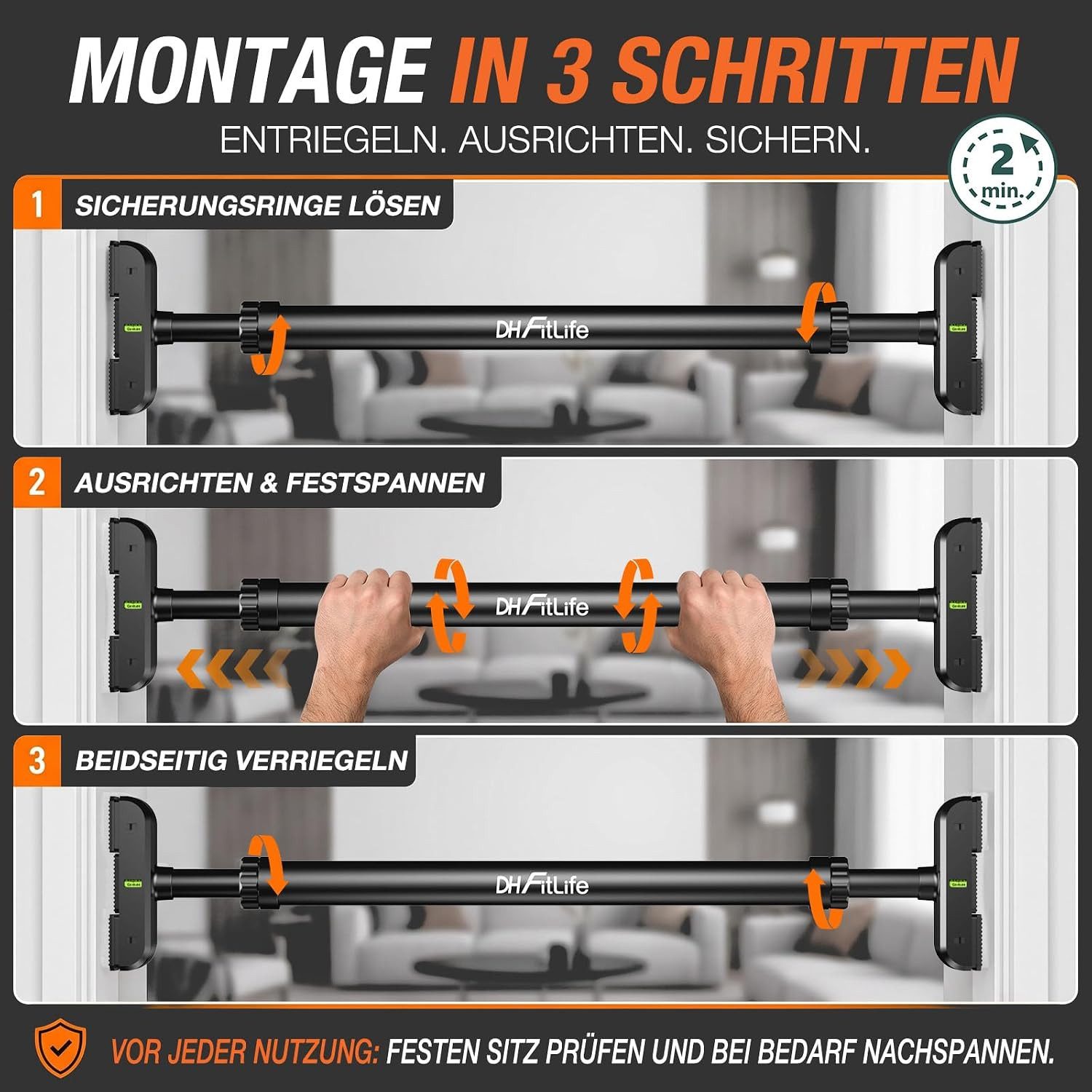 DH FitLife Klimmzugstange Türrahmen ohne Schrauben (Pull up bar Doorway zum Eindrehen, 1-tlg., Türreck für Krafttraining, Reckstange für Tür 72-92cm), Mit Wasse – Bild 5 von 5