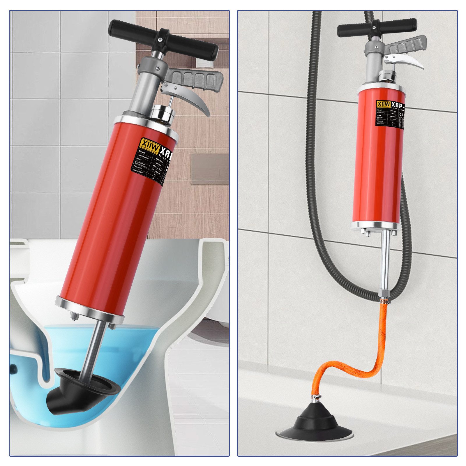 Thumbnail - XERSEK Wasserpumpenzange Rohrreinigungspumpe [Inkl. 3x Aufsätze] - Effektive Abflussreiniger, 10Bar Hochdruck Schnellen ...