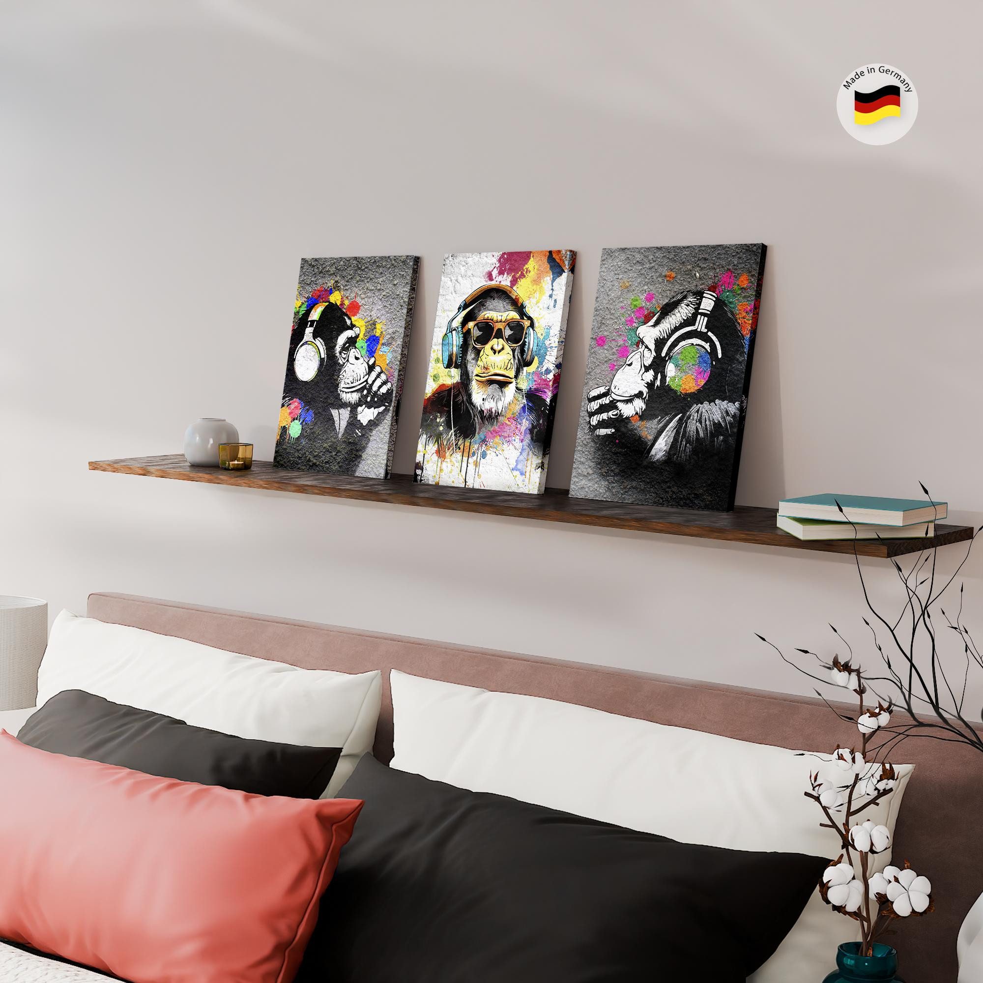 Novart Wandbild Set Banksy Style Collage 3 Bilder Wohnzimmer Streetart, Affe mit Kopfhörer – Bild 3 von 5