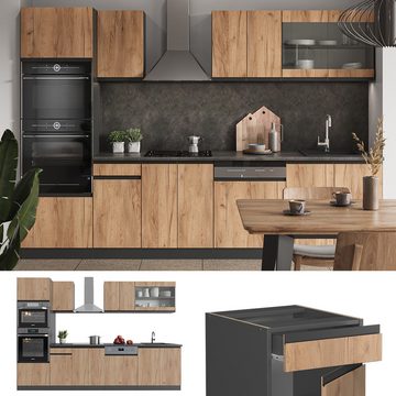 Livinity® Küchenzeile R-Line, Goldkraft Eiche/Anthrazit, 300 cm mit Hochschrank, AP Marmor