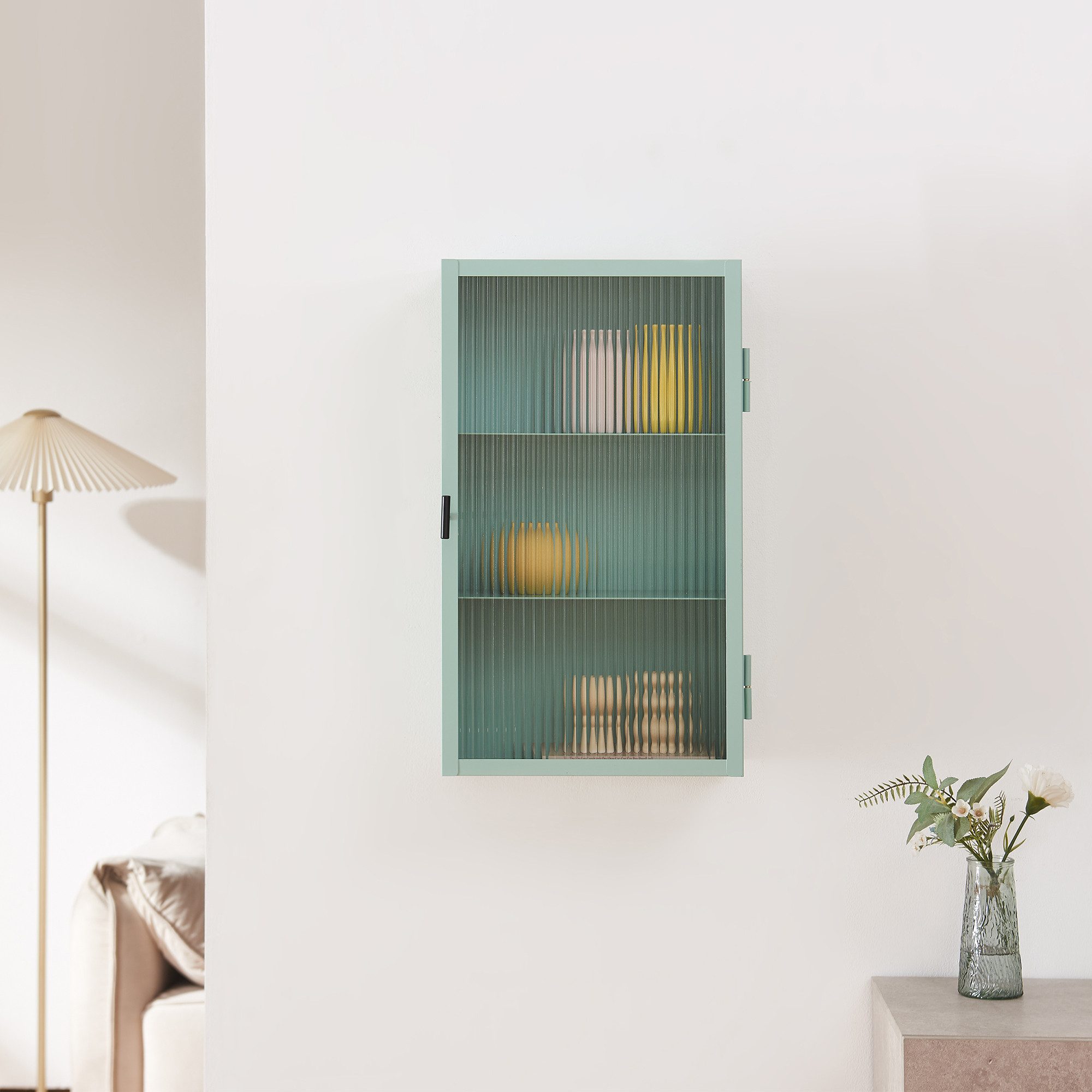 en.casa Hängeschrank »Zundert« 60 x 35 x 15 cm mit geriffelter Glastür Stahl Mintgrün – Bild 3 von 5