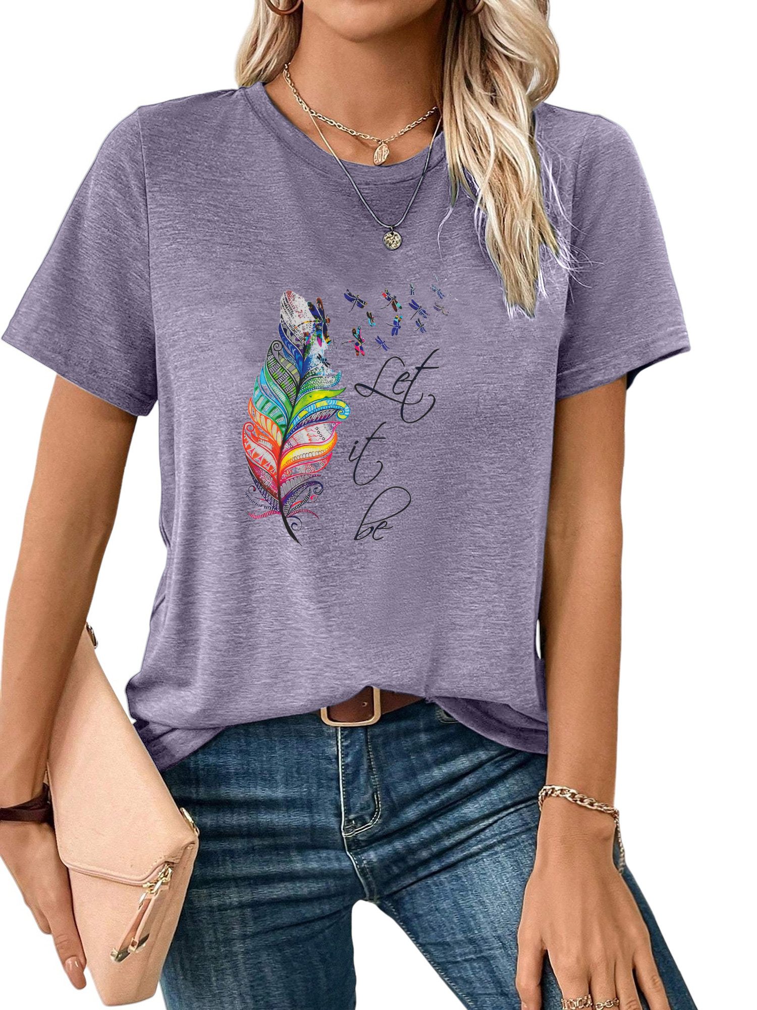 PYLIKE Print-Shirt Damen Böhmen Kurzarmshirt mit Feder Druck bequemes t shirt Bequem für Freizeit und Büro,Strandurlaub